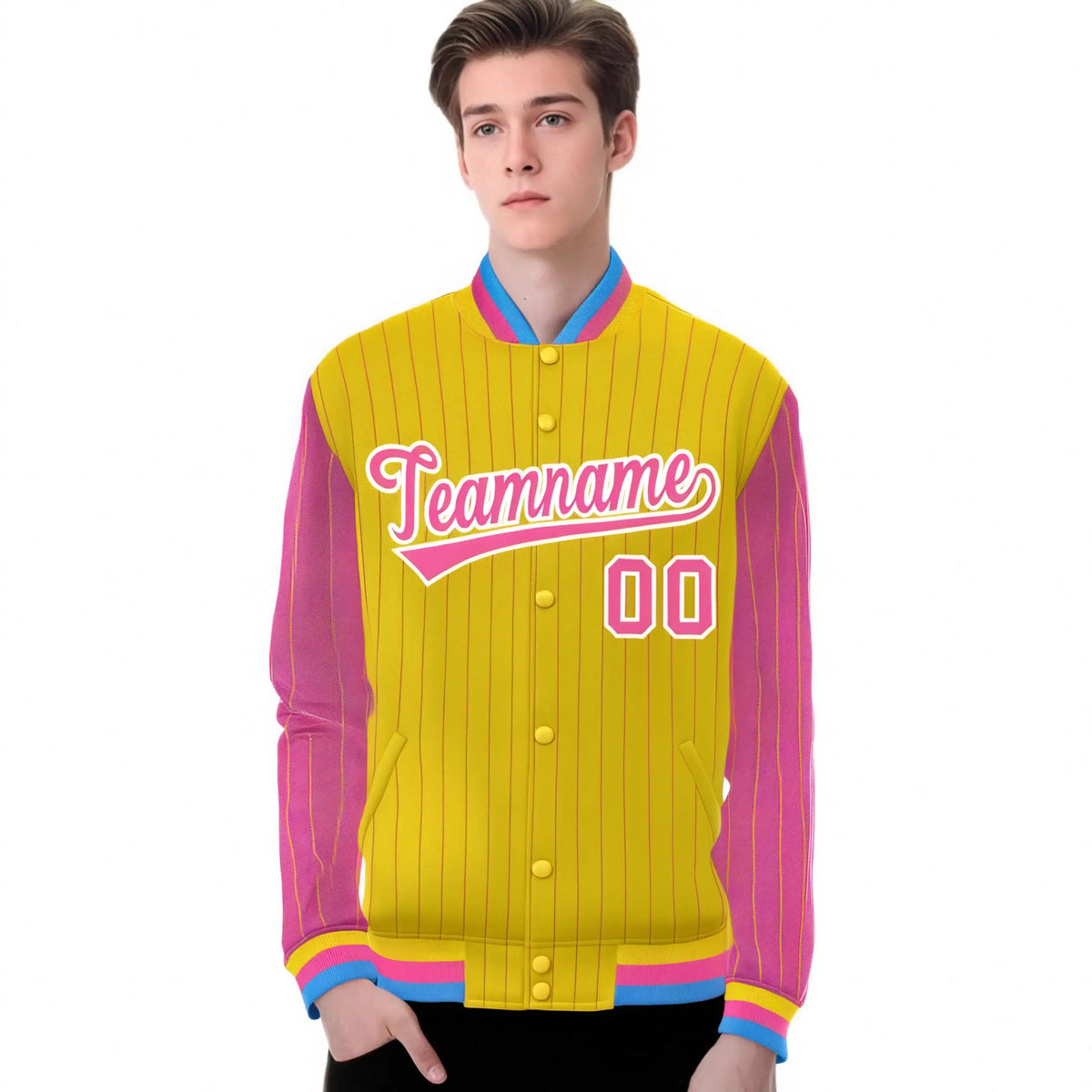 Custom Gold Pink Pinstripe White-Pink Bomber Full-Snap Varsity Letterman Jacket