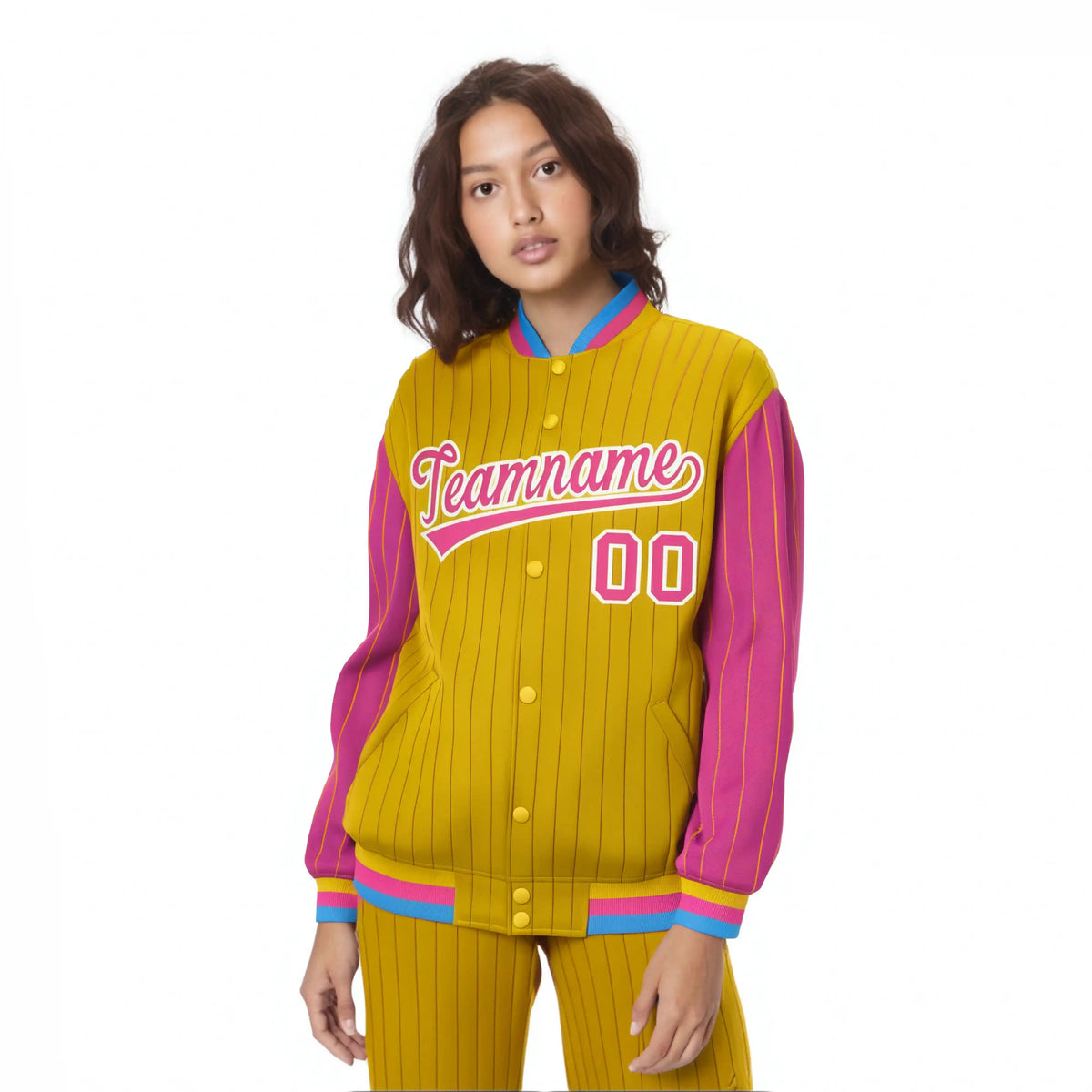 Custom Gold Pink Pinstripe White-Pink Bomber Full-Snap Varsity Letterman Jacket