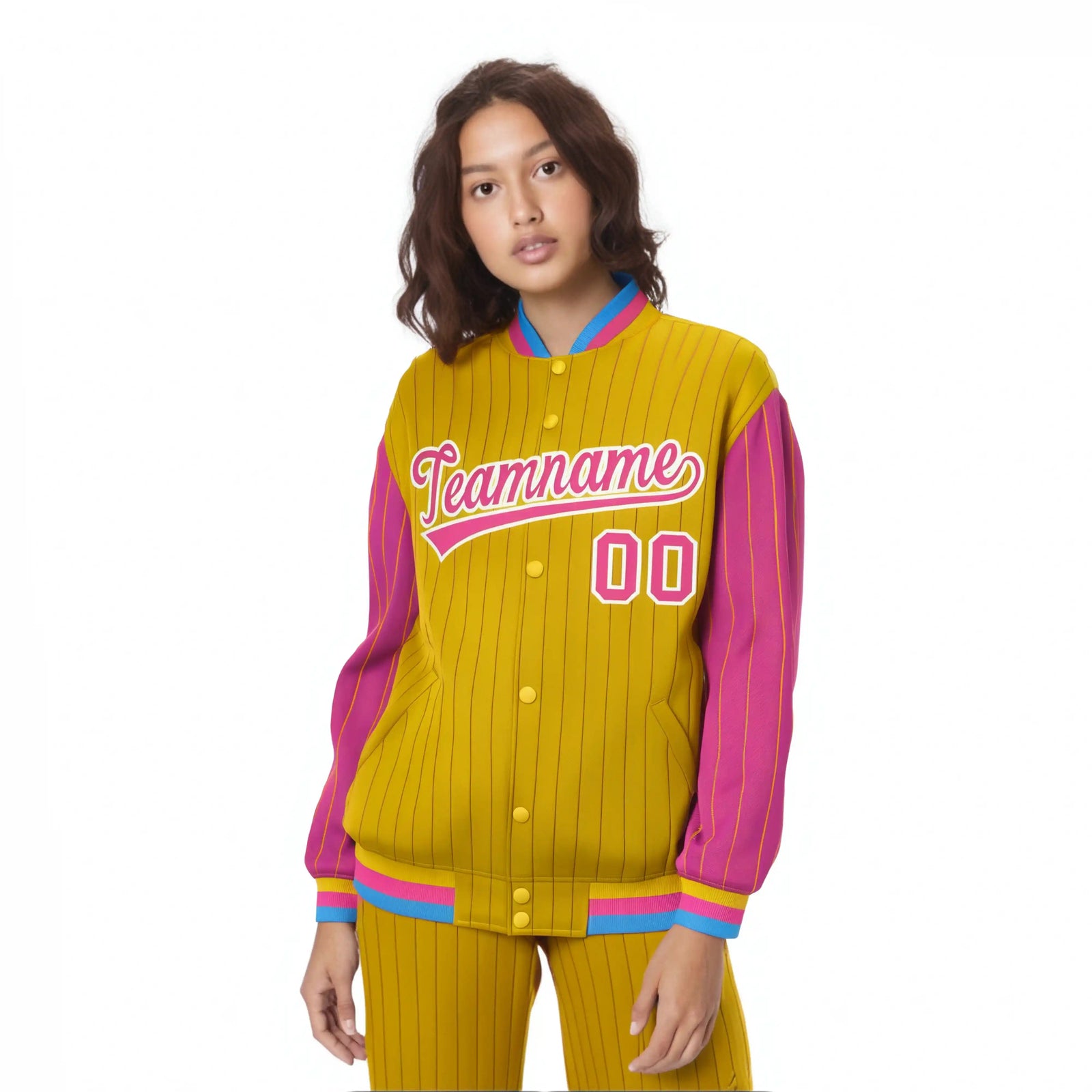 Custom Gold Pink Pinstripe White-Pink Bomber Full-Snap Varsity Letterman Jacket