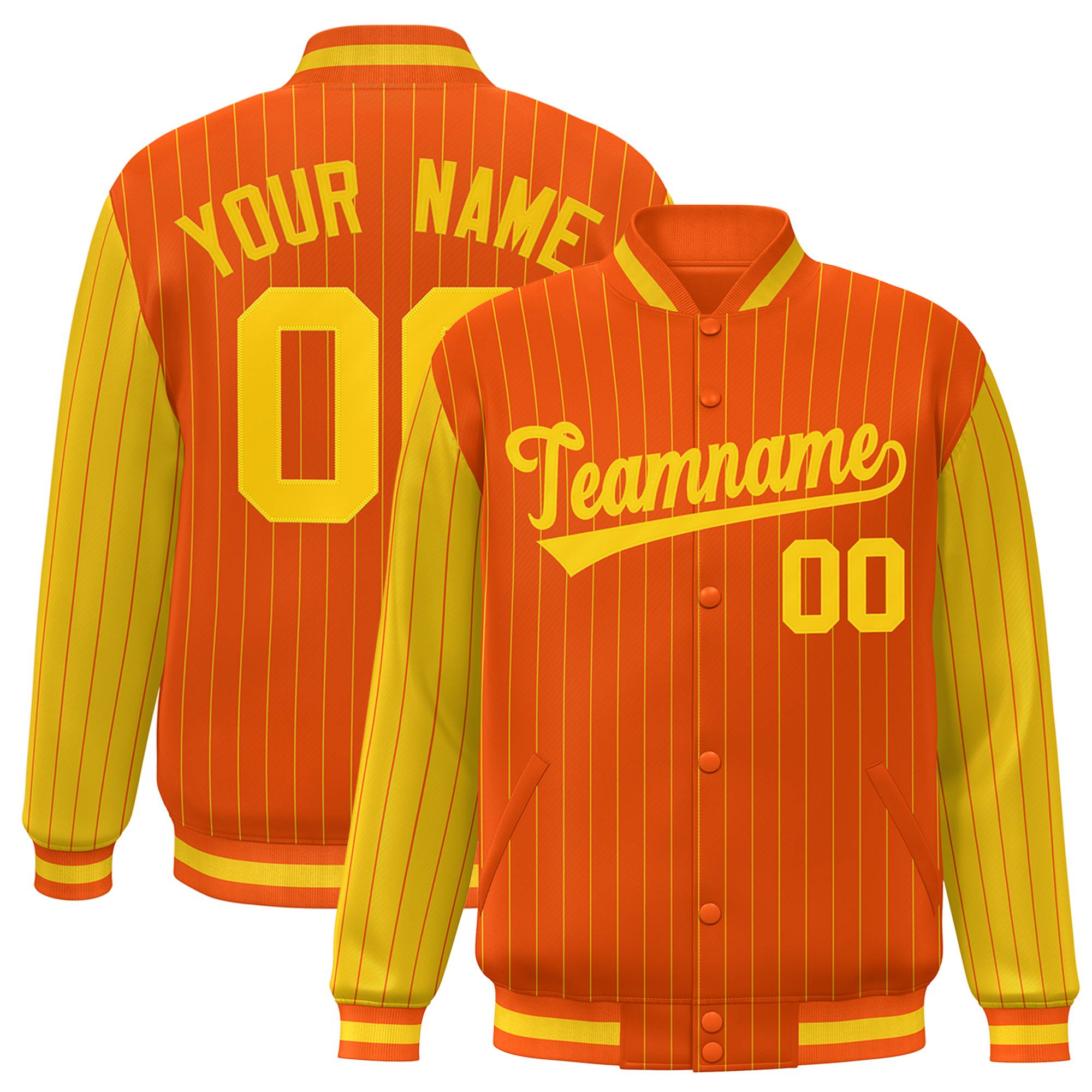 Custom Orange Gold Pinstripe Gold Bomber Full-Snap Varsity Letterman Jacket