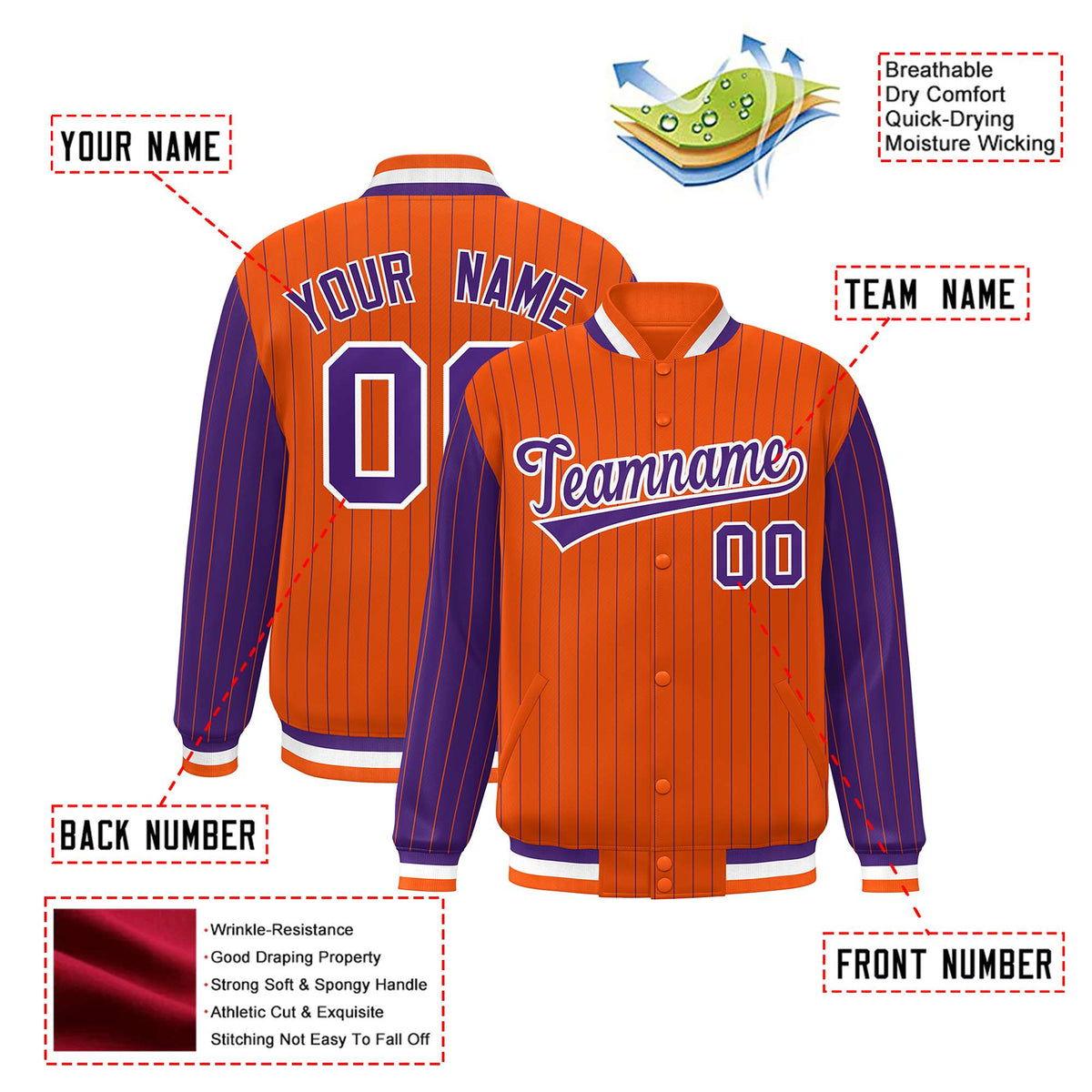 Custom Orange Purple Pinstripe White-Purple Bomber Full-Snap Varsity Letterman Jacket