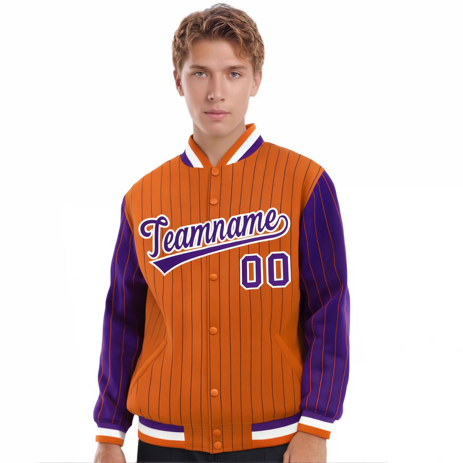 Custom Orange Purple Pinstripe White-Purple Bomber Full-Snap Varsity Letterman Jacket