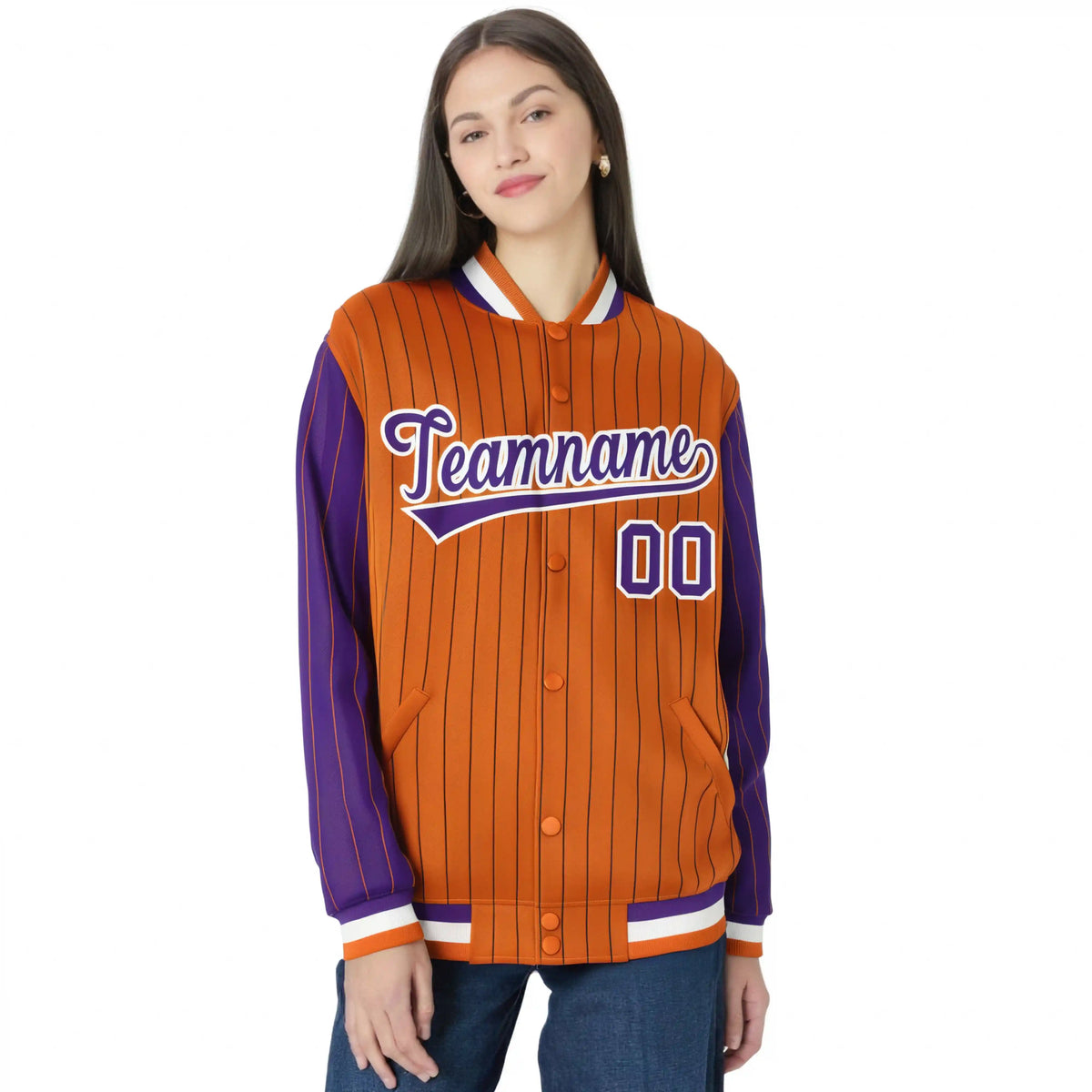 Custom Orange Purple Pinstripe White-Purple Bomber Full-Snap Varsity Letterman Jacket