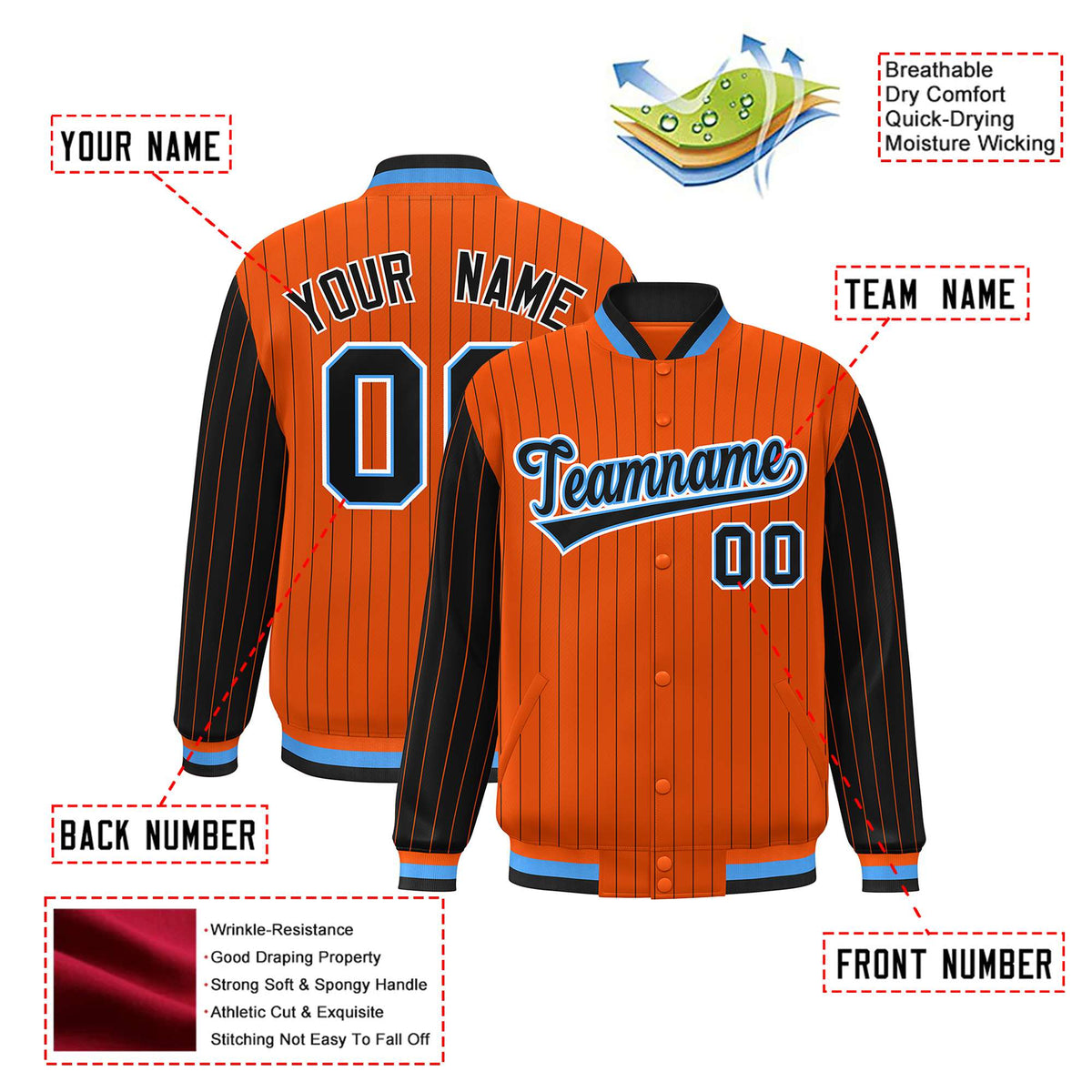Custom Orange Black Pinstripe Powder-Blue Black Bomber Full-Snap Varsity Letterman Jacket