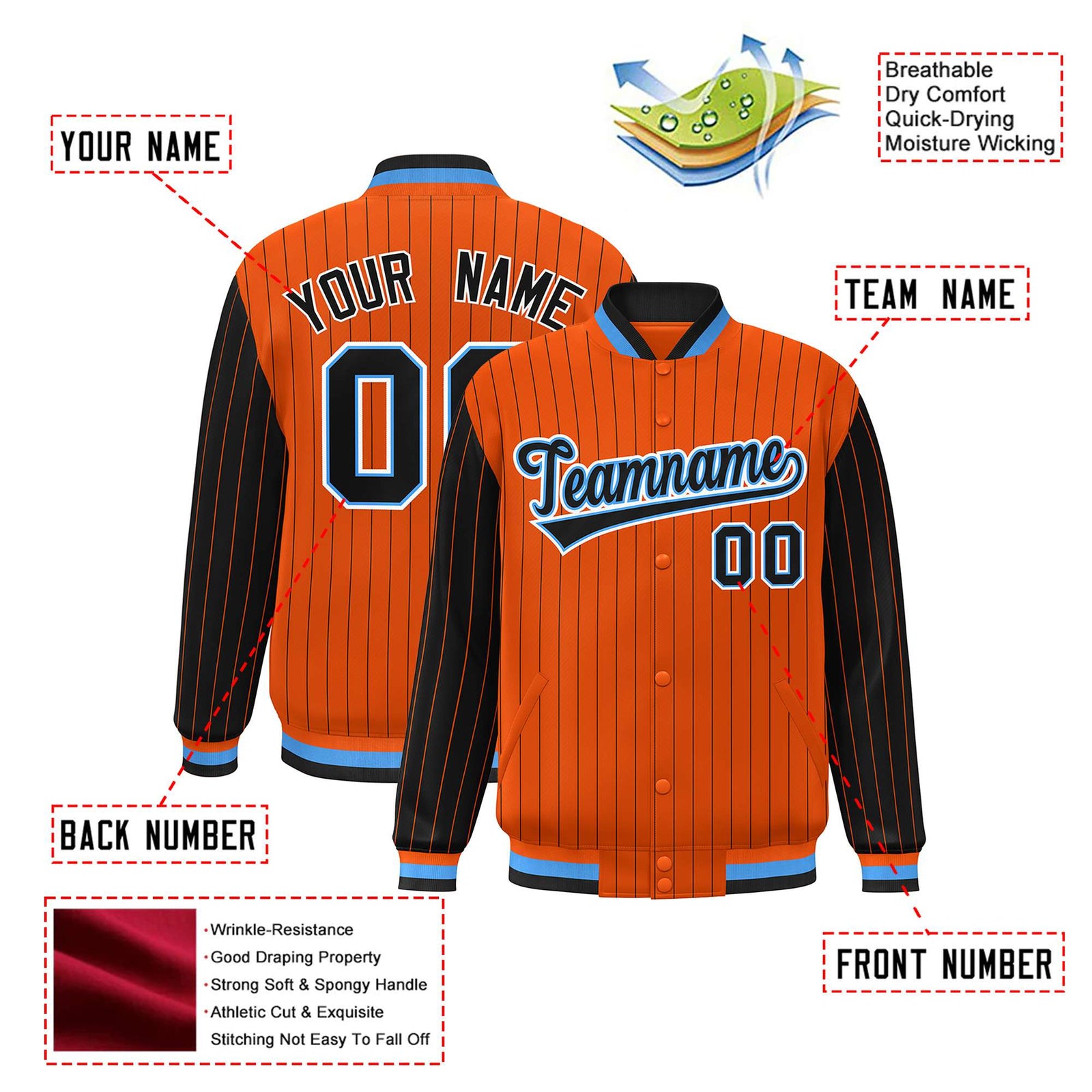 Custom Orange Black Pinstripe Powder-Blue Black Bomber Full-Snap Varsity Letterman Jacket