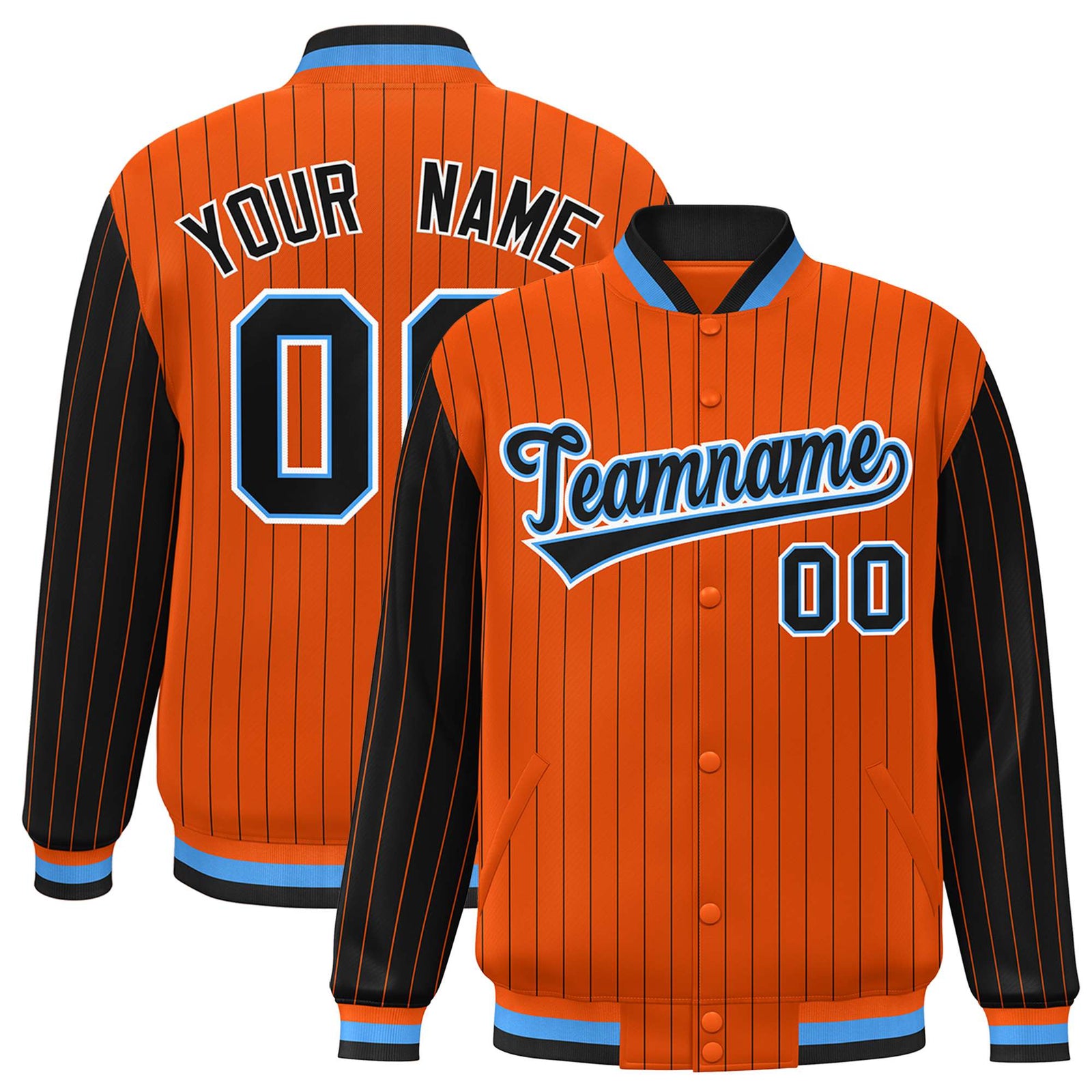 Custom Orange Black Pinstripe Powder-Blue Black Bomber Full-Snap Varsity Letterman Jacket