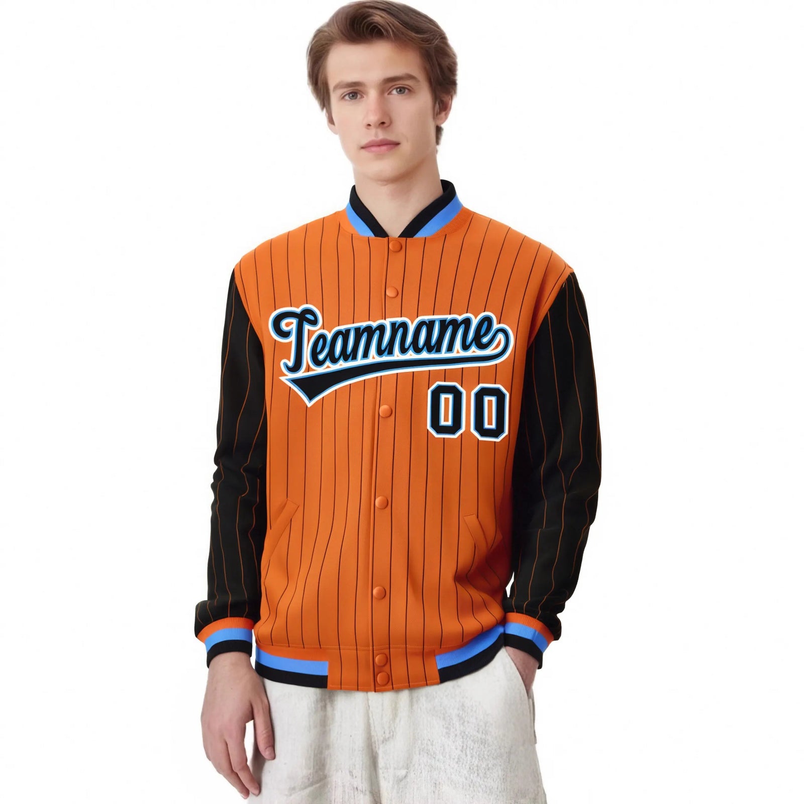 Custom Orange Black Pinstripe Powder-Blue Black Bomber Full-Snap Varsity Letterman Jacket