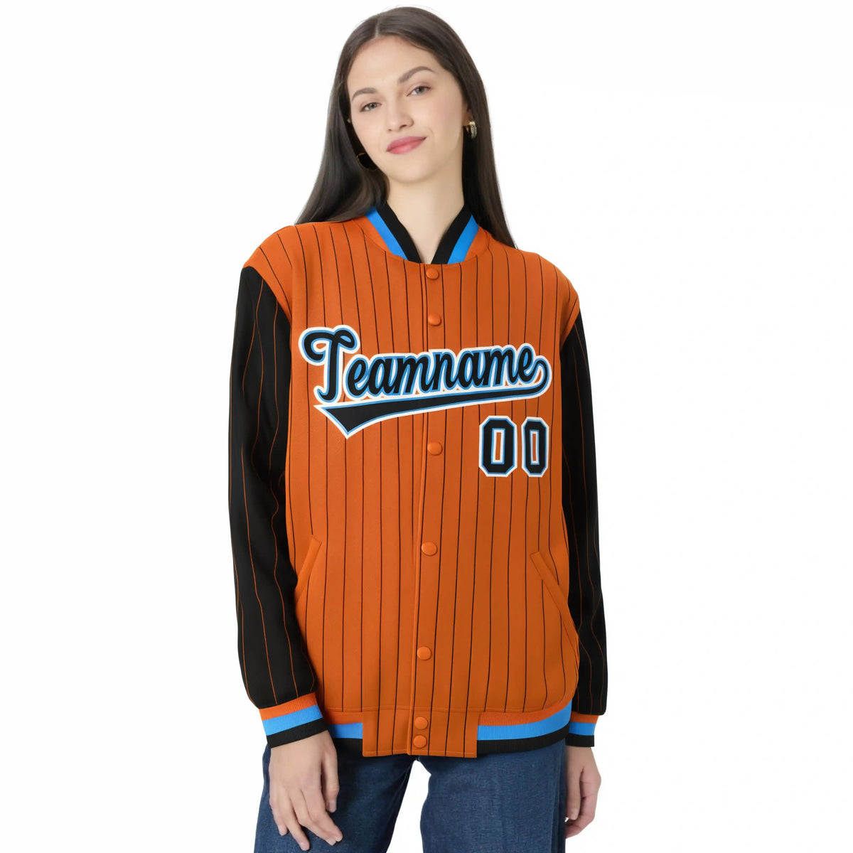 Custom Orange Black Pinstripe Powder-Blue Black Bomber Full-Snap Varsity Letterman Jacket
