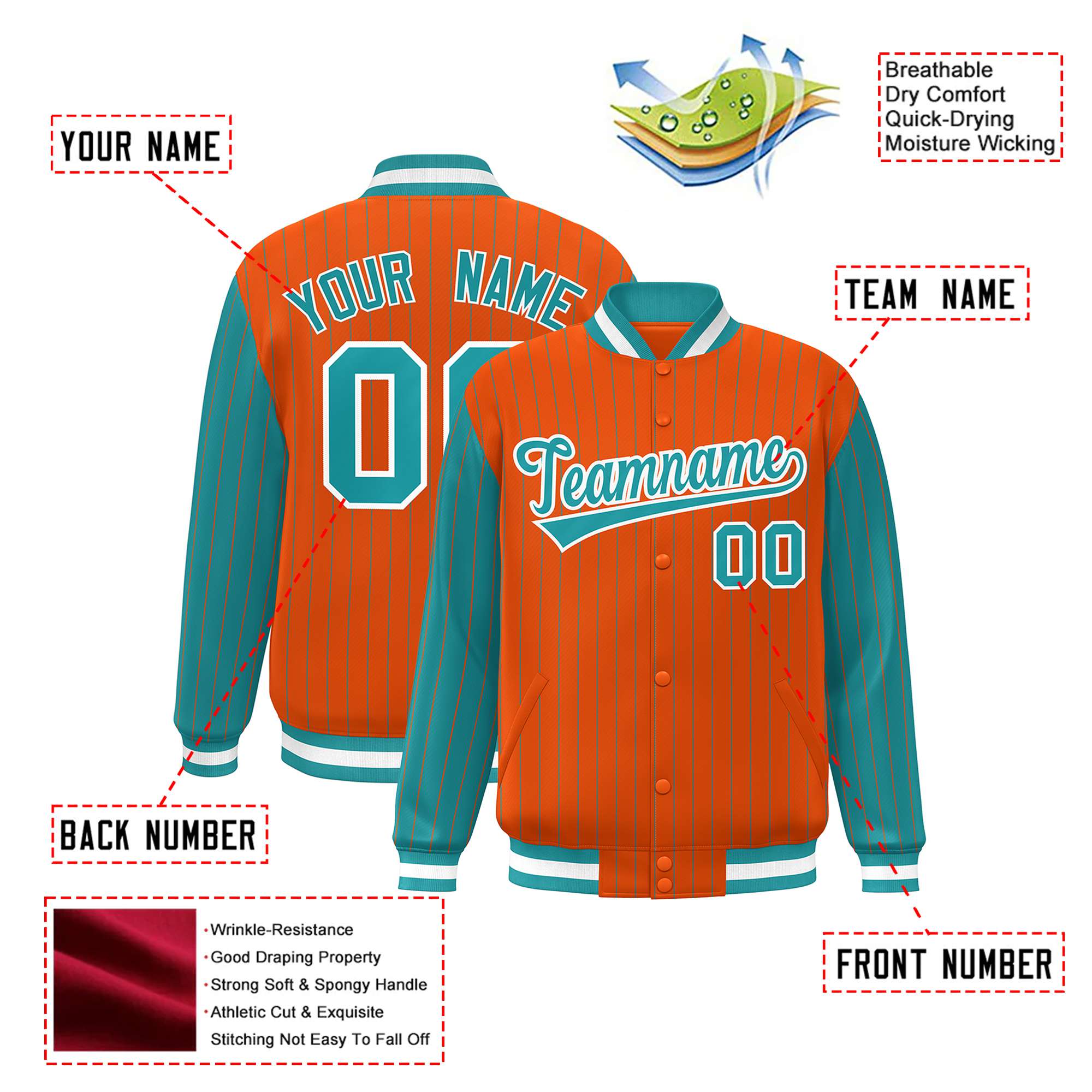 Custom Orange Aqua Pinstripe White-Aqua Bomber Full-Snap Varsity Letterman Jacket