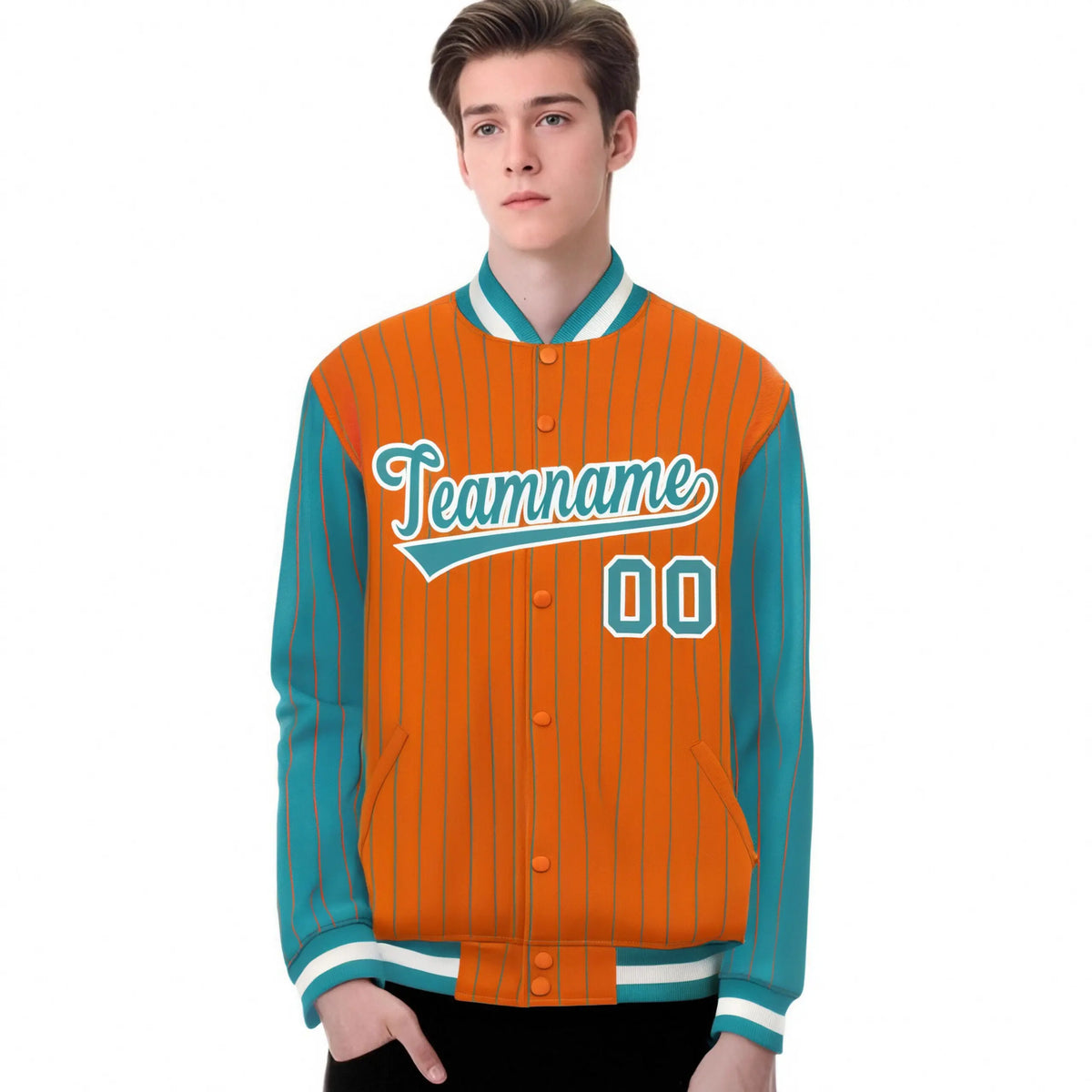 Custom Orange Aqua Pinstripe White-Aqua Bomber Full-Snap Varsity Letterman Jacket