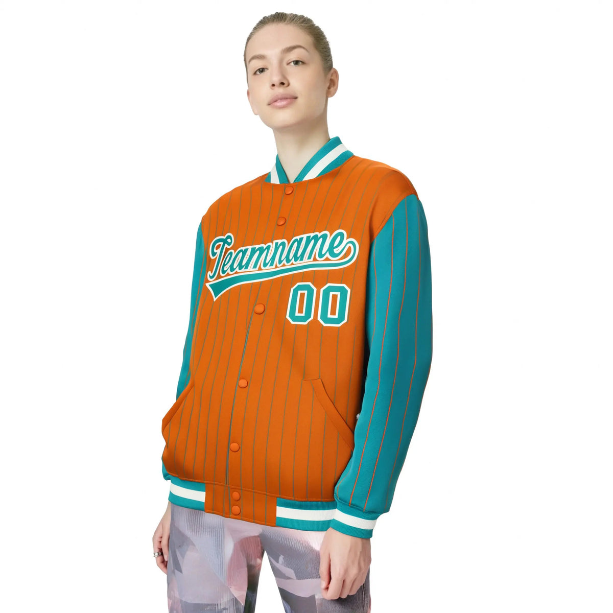 Custom Orange Aqua Pinstripe White-Aqua Bomber Full-Snap Varsity Letterman Jacket