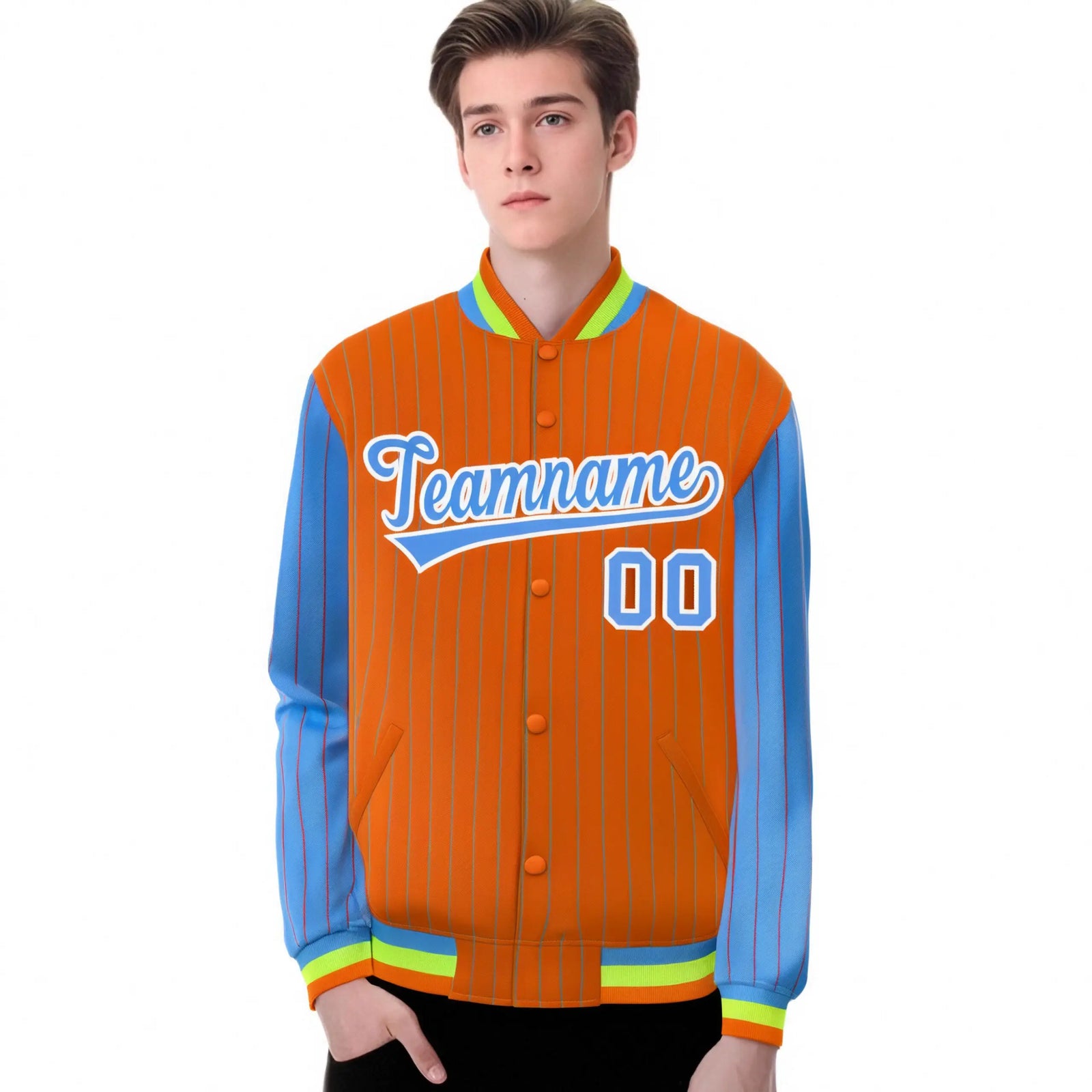 Custom Orange Powder-Blue Pinstripe White Powder-Blue Bomber Full-Snap Varsity Letterman Jacket
