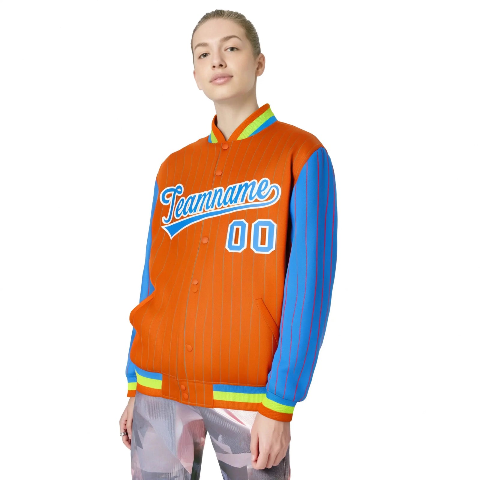 Custom Orange Powder-Blue Pinstripe White Powder-Blue Bomber Full-Snap Varsity Letterman Jacket