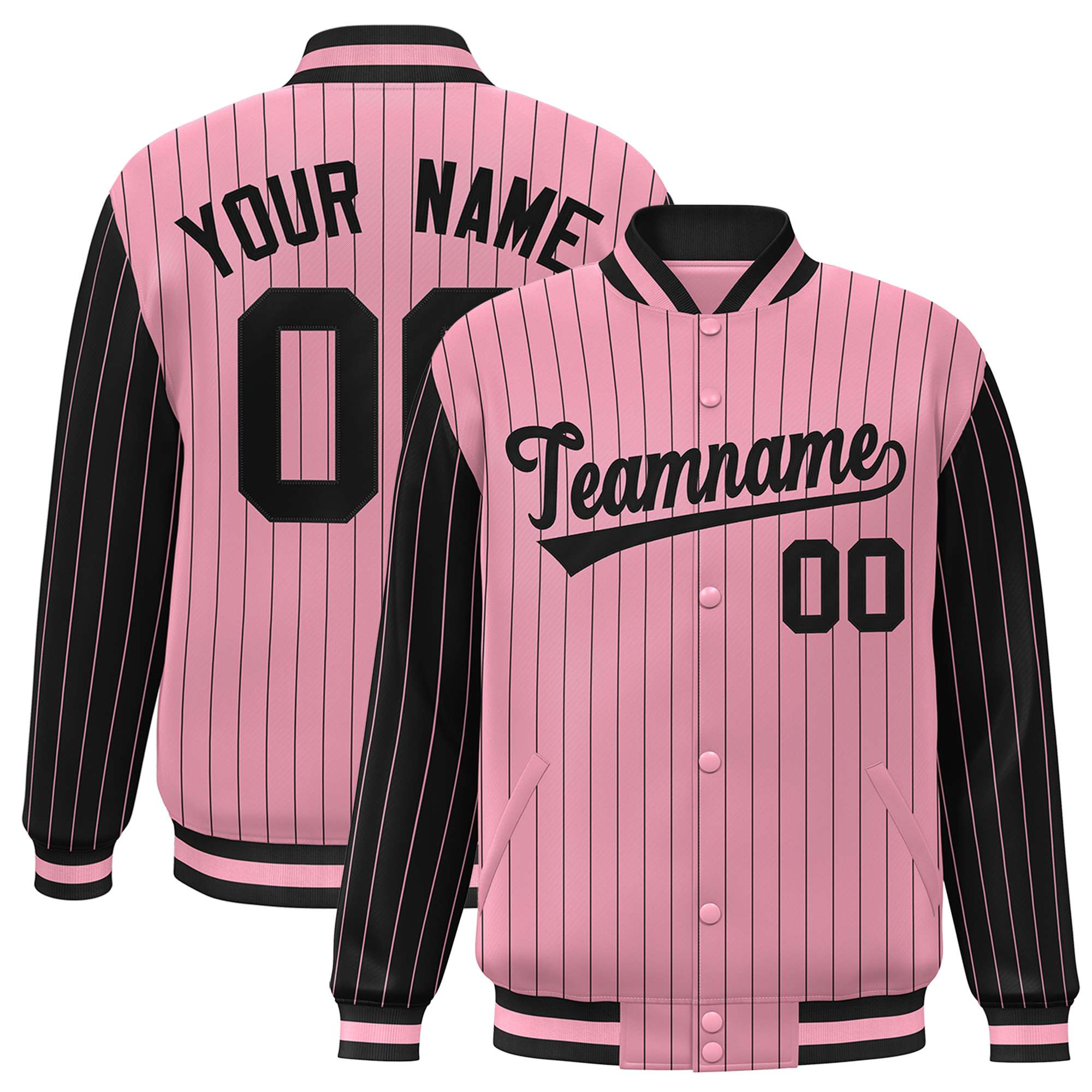 Custom Light-Pink Black Pinstripe Black Bomber Full-Snap Varsity Letterman Jacket