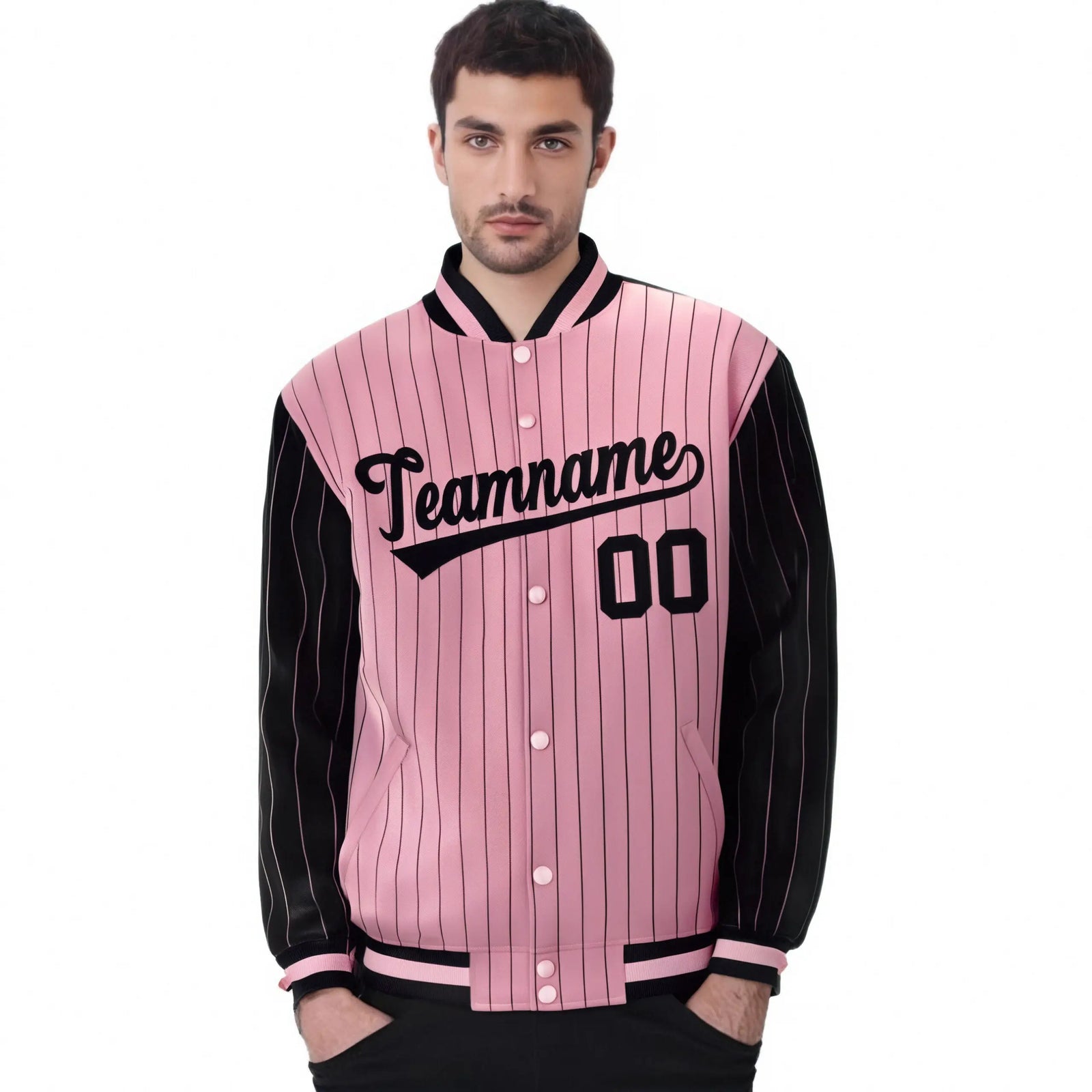 Custom Light-Pink Black Pinstripe Black Bomber Full-Snap Varsity Letterman Jacket
