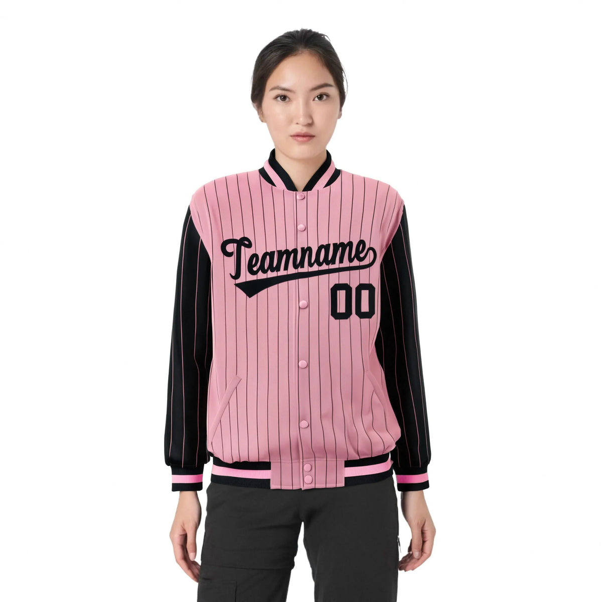 Custom Light-Pink Black Pinstripe Black Bomber Full-Snap Varsity Letterman Jacket