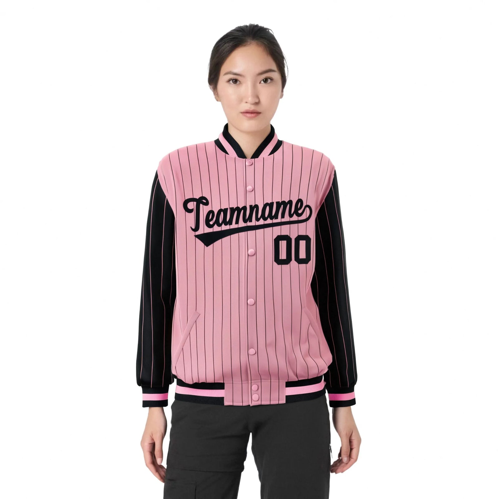 Custom Light-Pink Black Pinstripe Black Bomber Full-Snap Varsity Letterman Jacket