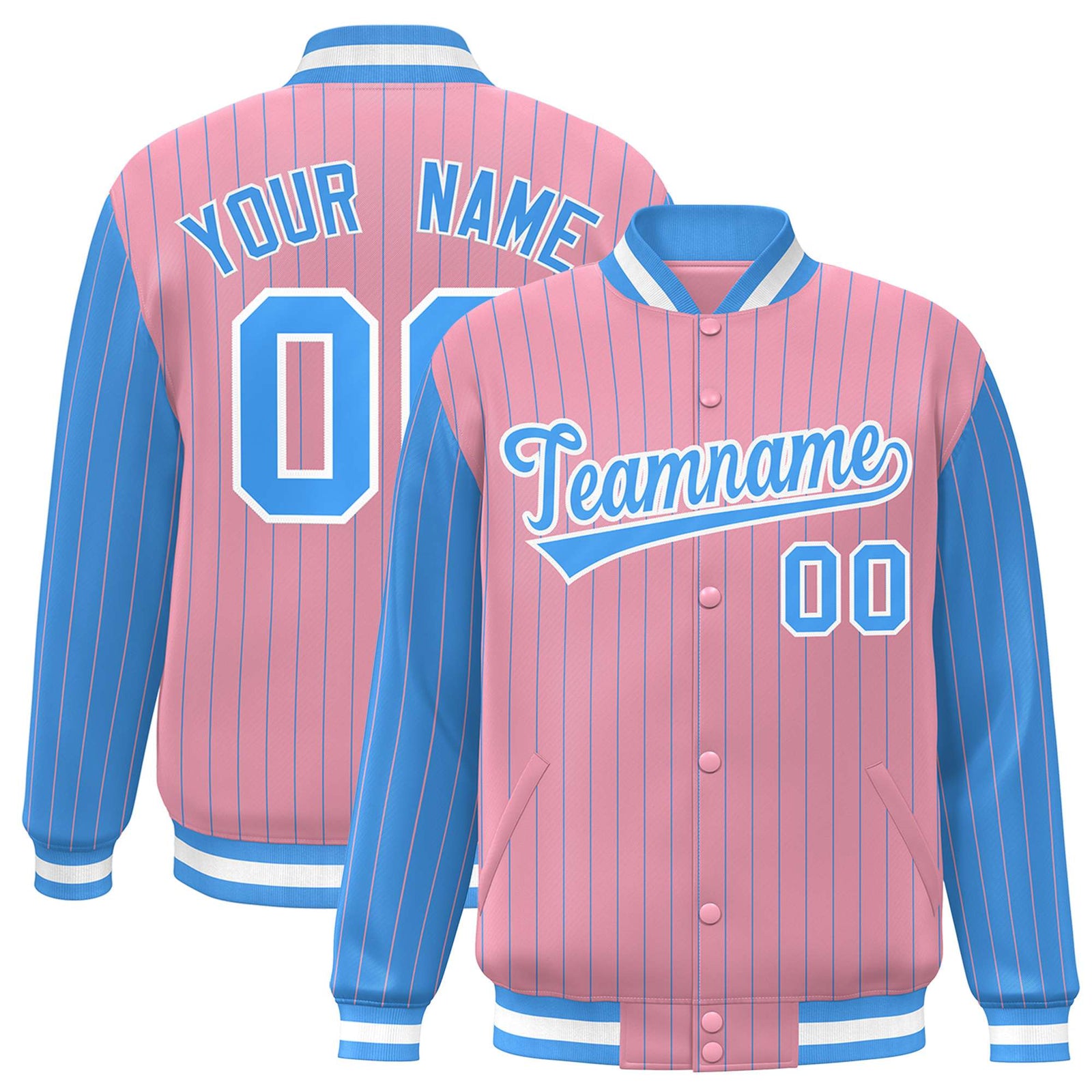 Custom Light-Pink Powder-Blue Pinstripe White Powder-Blue Bomber Full-Snap Varsity Letterman Jacket
