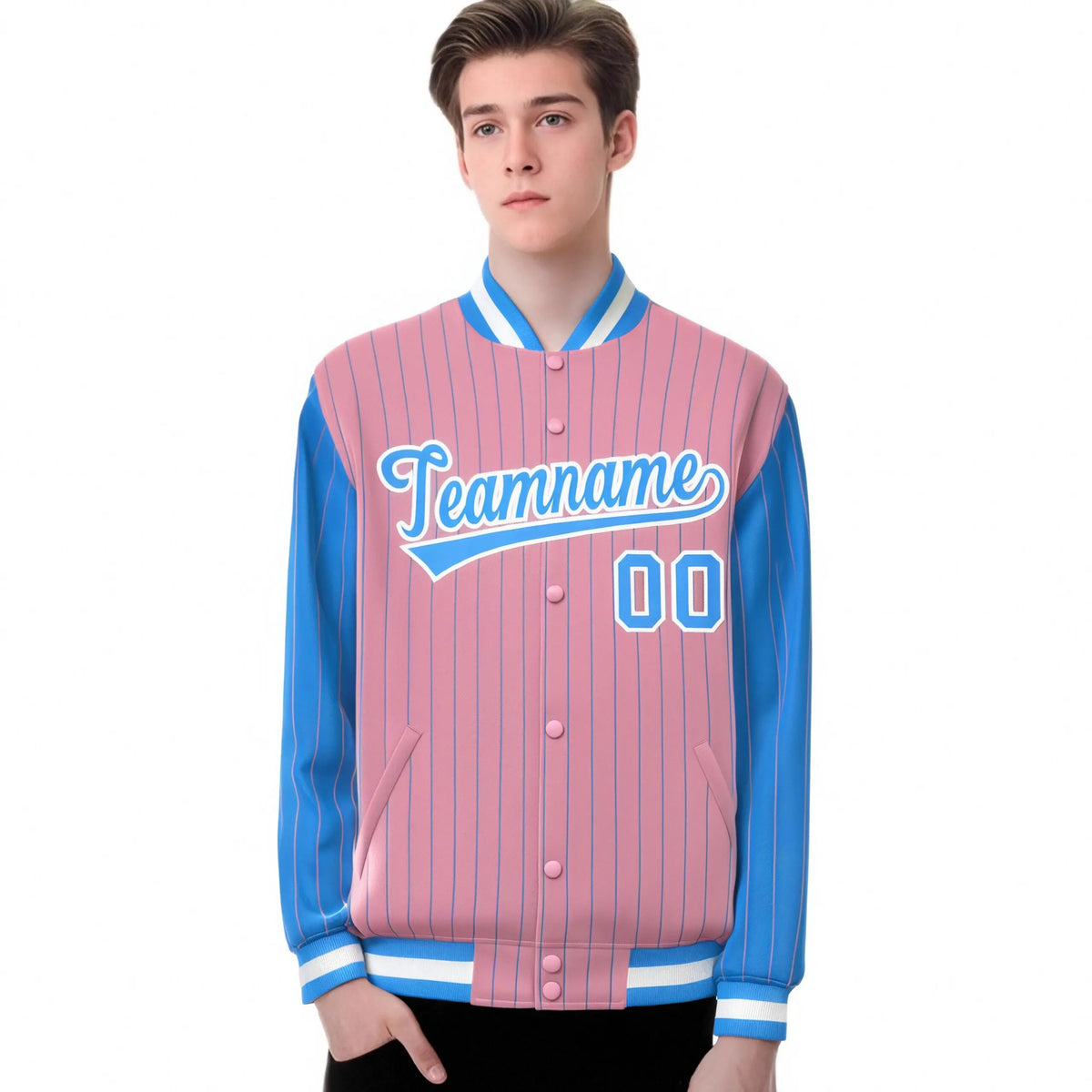 Custom Light-Pink Powder-Blue Pinstripe White Powder-Blue Bomber Full-Snap Varsity Letterman Jacket