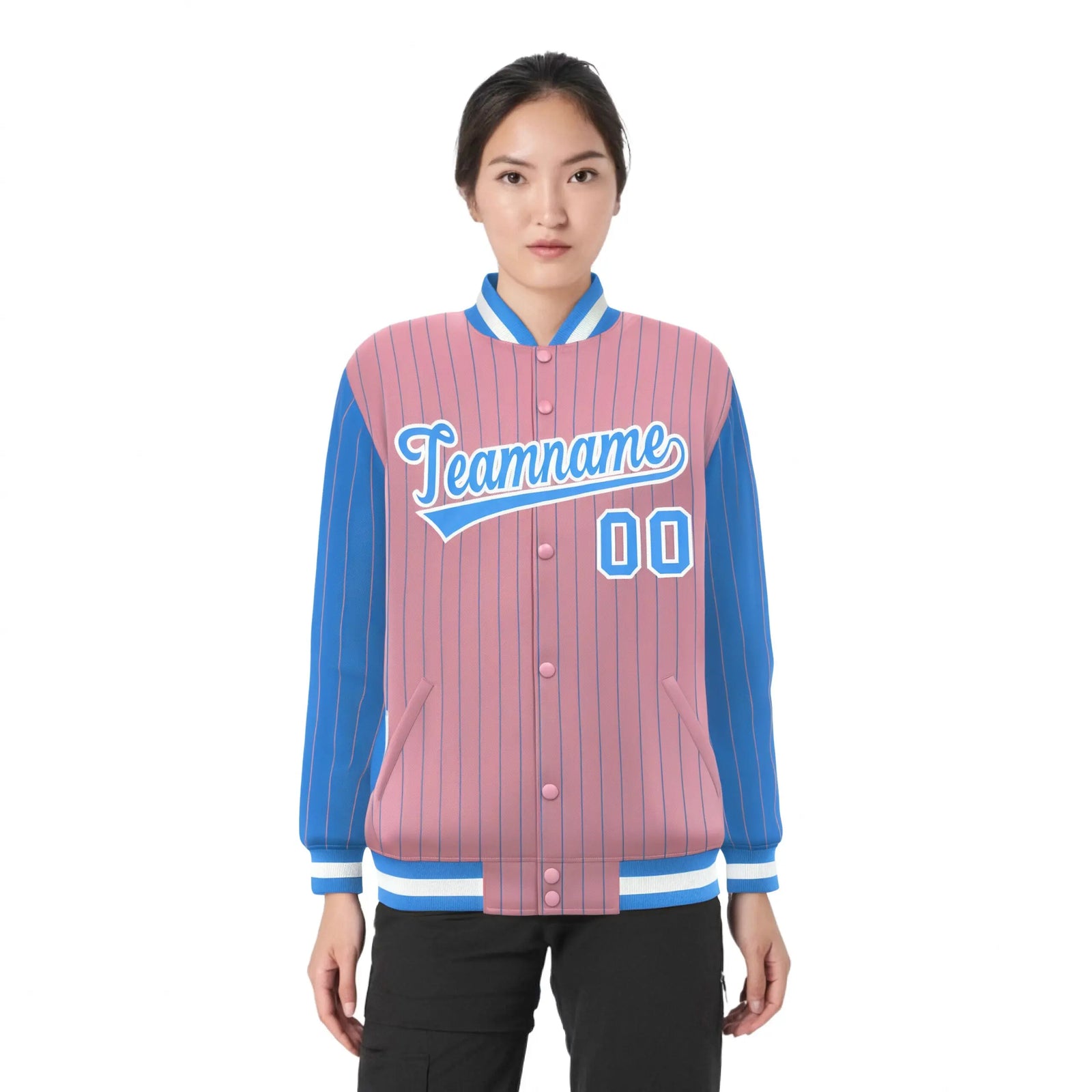 Custom Light-Pink Powder-Blue Pinstripe White Powder-Blue Bomber Full-Snap Varsity Letterman Jacket