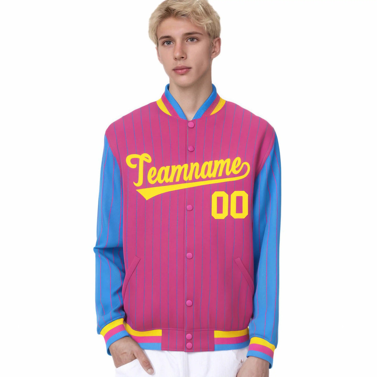 Custom Pink Powder-Blue Pinstripe Gold Bomber Full-Snap Varsity Letterman Jacket