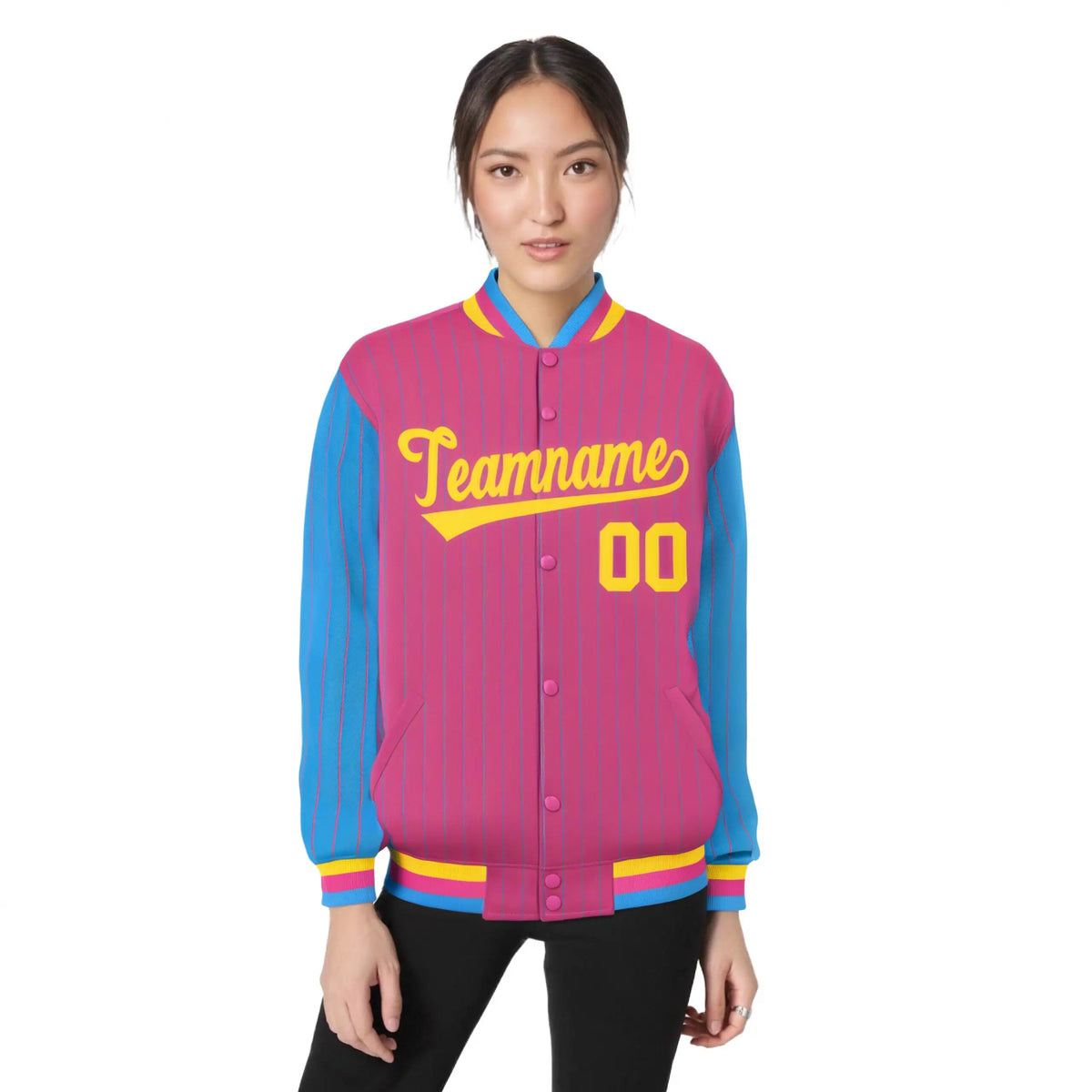 Custom Pink Powder-Blue Pinstripe Gold Bomber Full-Snap Varsity Letterman Jacket