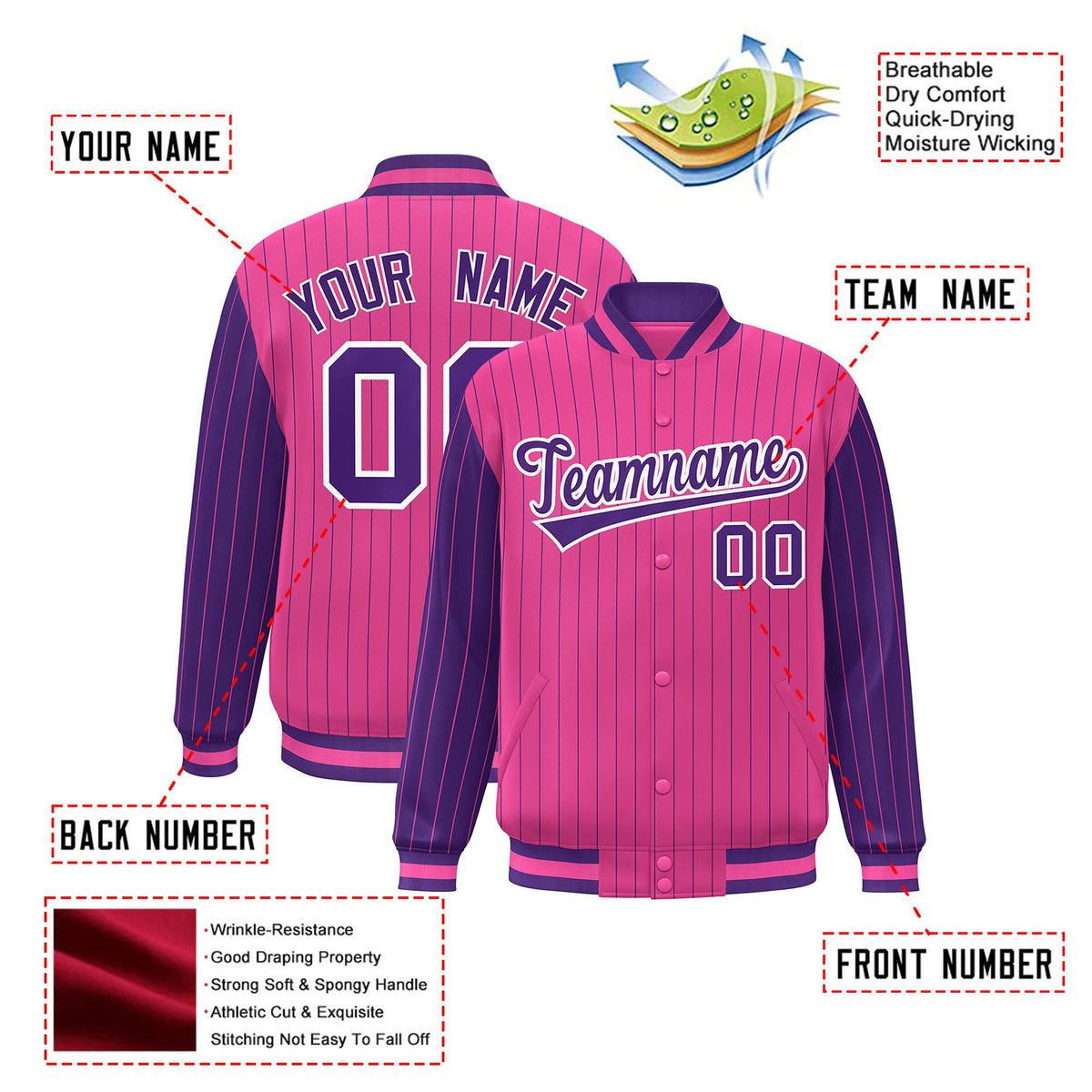 Custom Pink Purple Pinstripe White-Purple Bomber Full-Snap Varsity Letterman Jacket