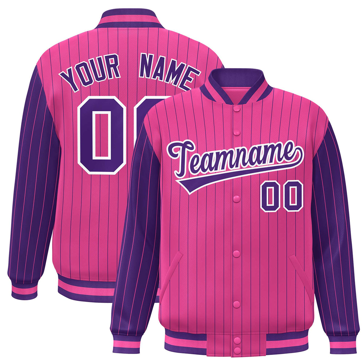 Custom Pink Purple Pinstripe White-Purple Bomber Full-Snap Varsity Letterman Jacket
