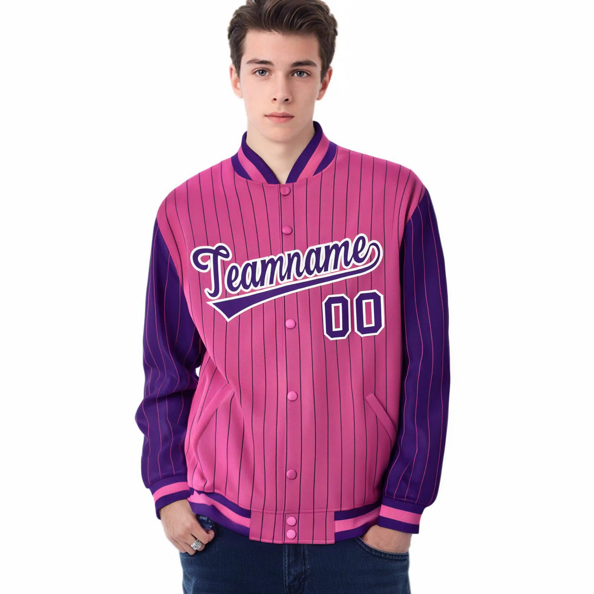Custom Pink Purple Pinstripe White-Purple Bomber Full-Snap Varsity Letterman Jacket