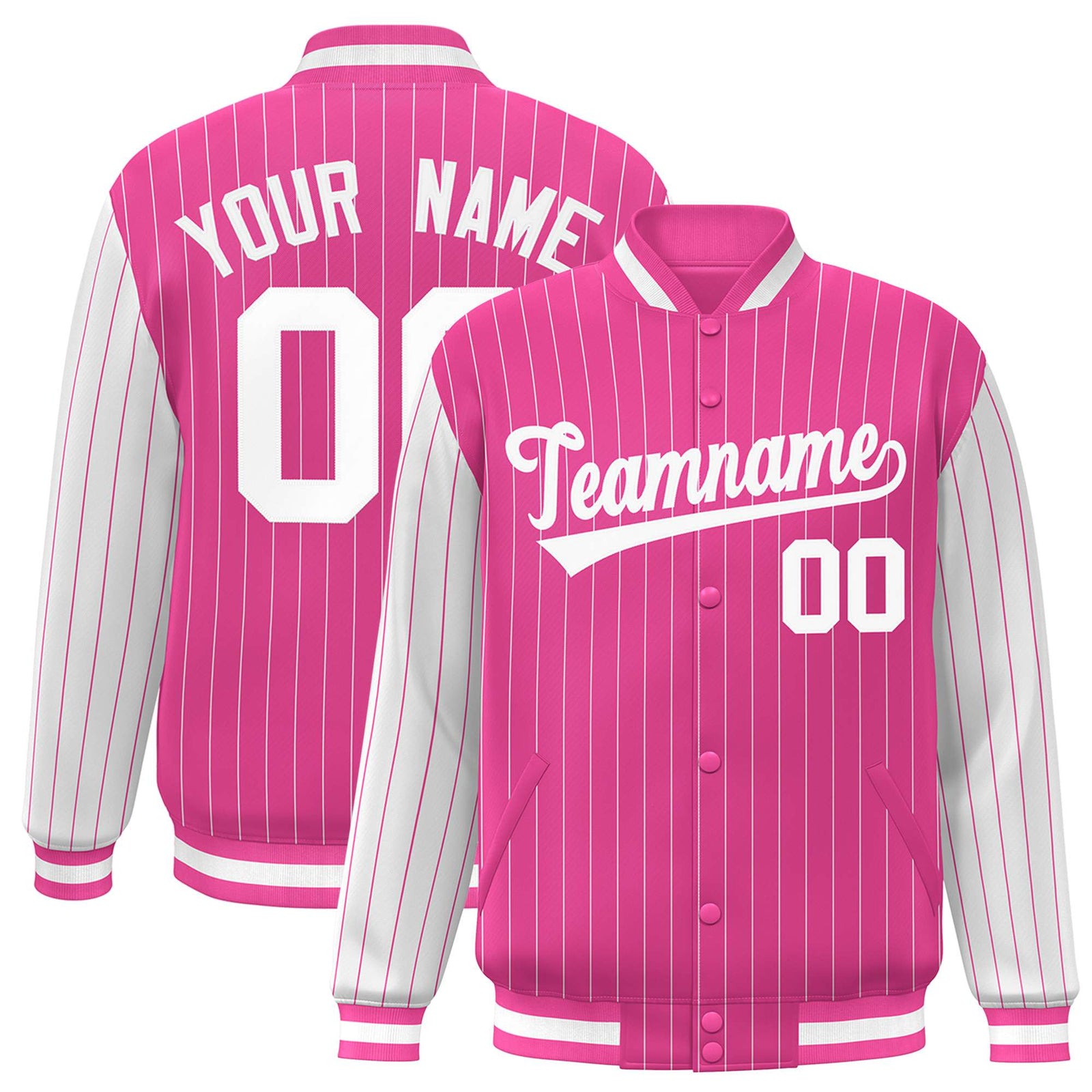 Custom Pink White Pinstripe White Bomber Full-Snap Varsity Letterman Jacket