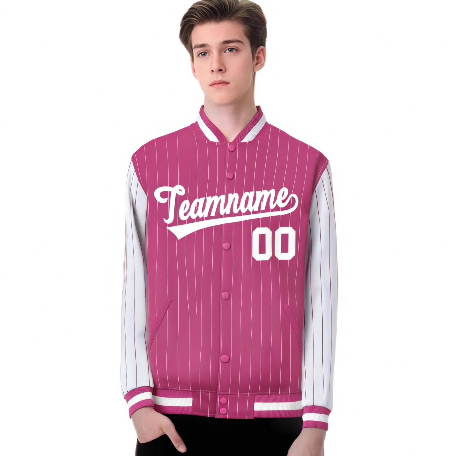 Custom Pink White Pinstripe White Bomber Full-Snap Varsity Letterman Jacket