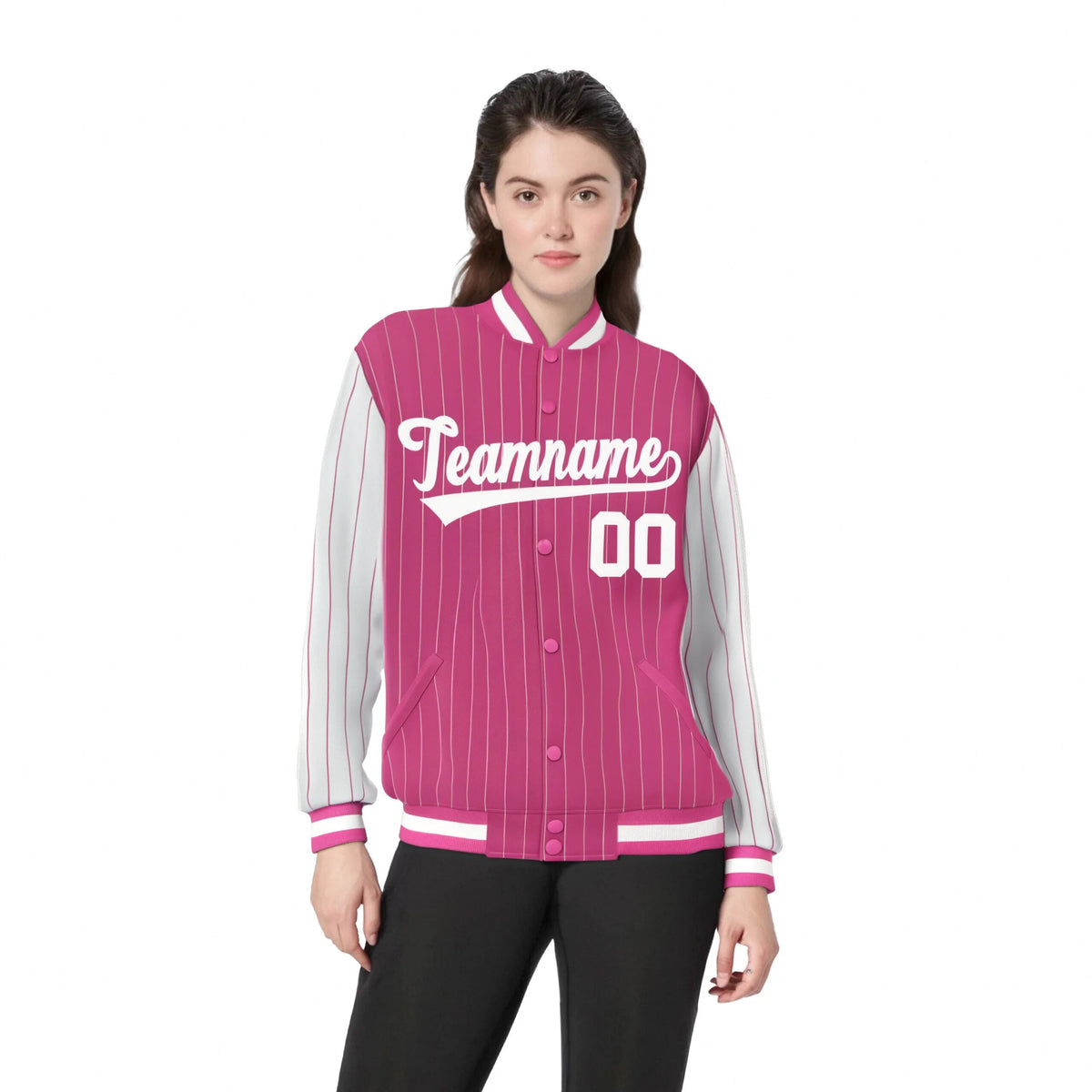 Custom Pink White Pinstripe White Bomber Full-Snap Varsity Letterman Jacket