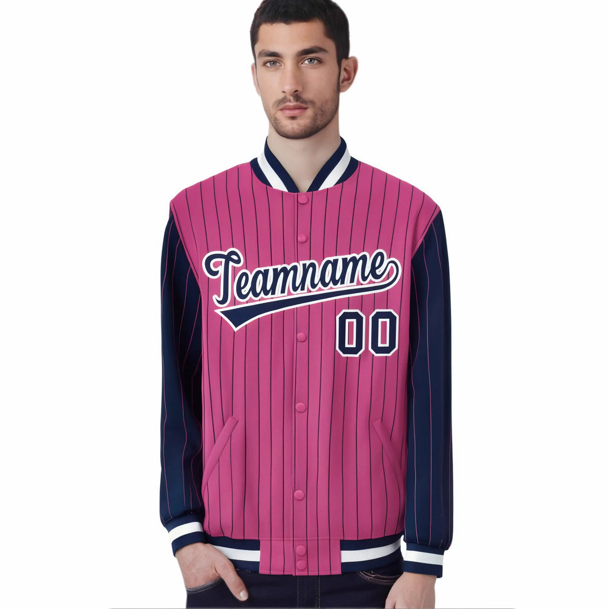 Custom Pink Navy Pinstripe White-Navy Bomber Full-Snap Varsity Letterman Jacket