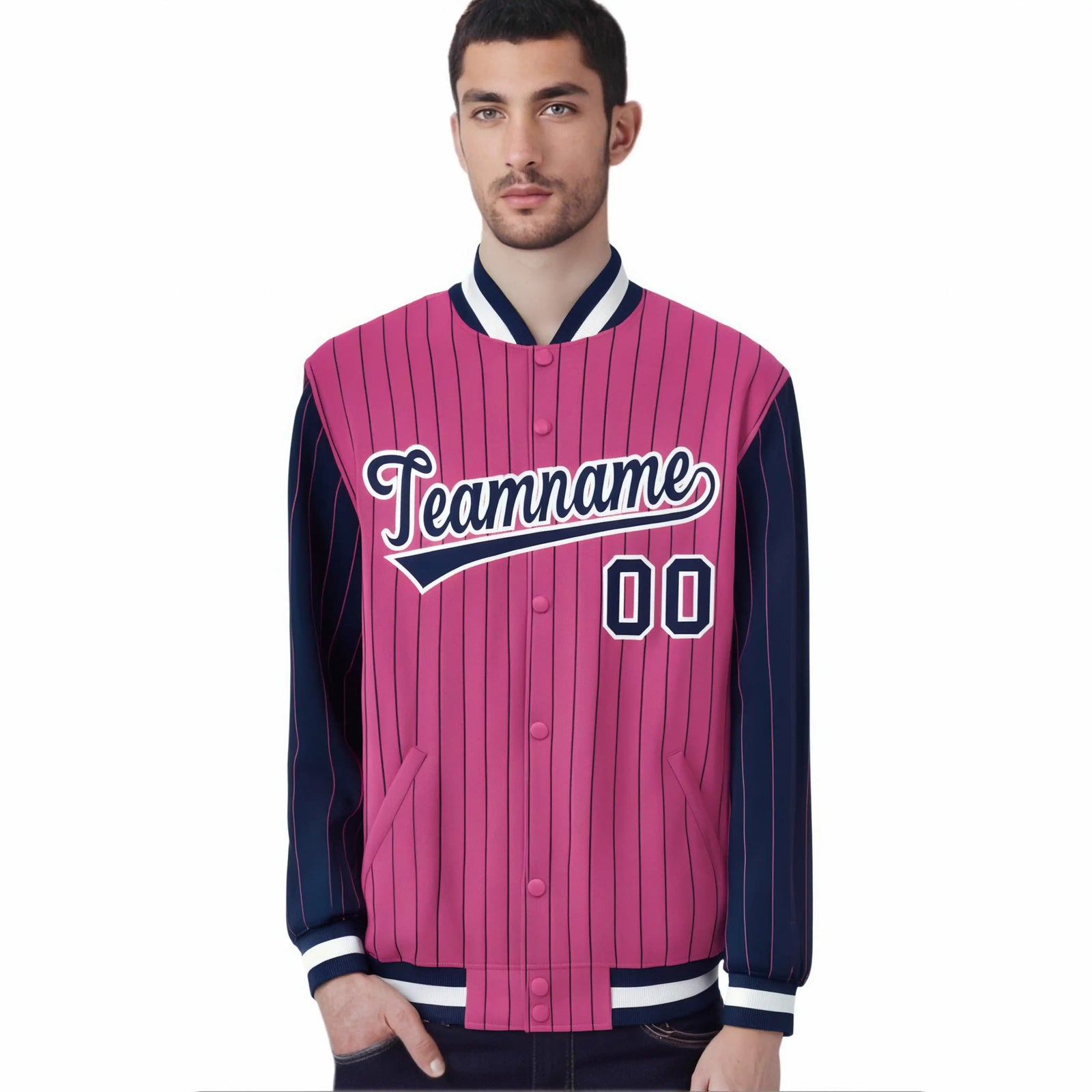 Custom Pink Navy Pinstripe White-Navy Bomber Full-Snap Varsity Letterman Jacket
