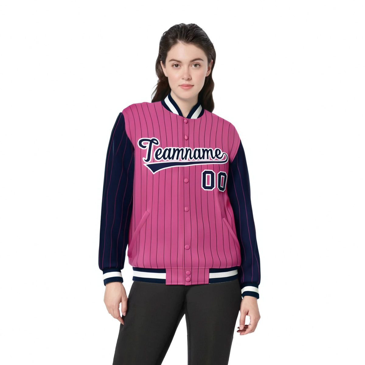 Custom Pink Navy Pinstripe White-Navy Bomber Full-Snap Varsity Letterman Jacket