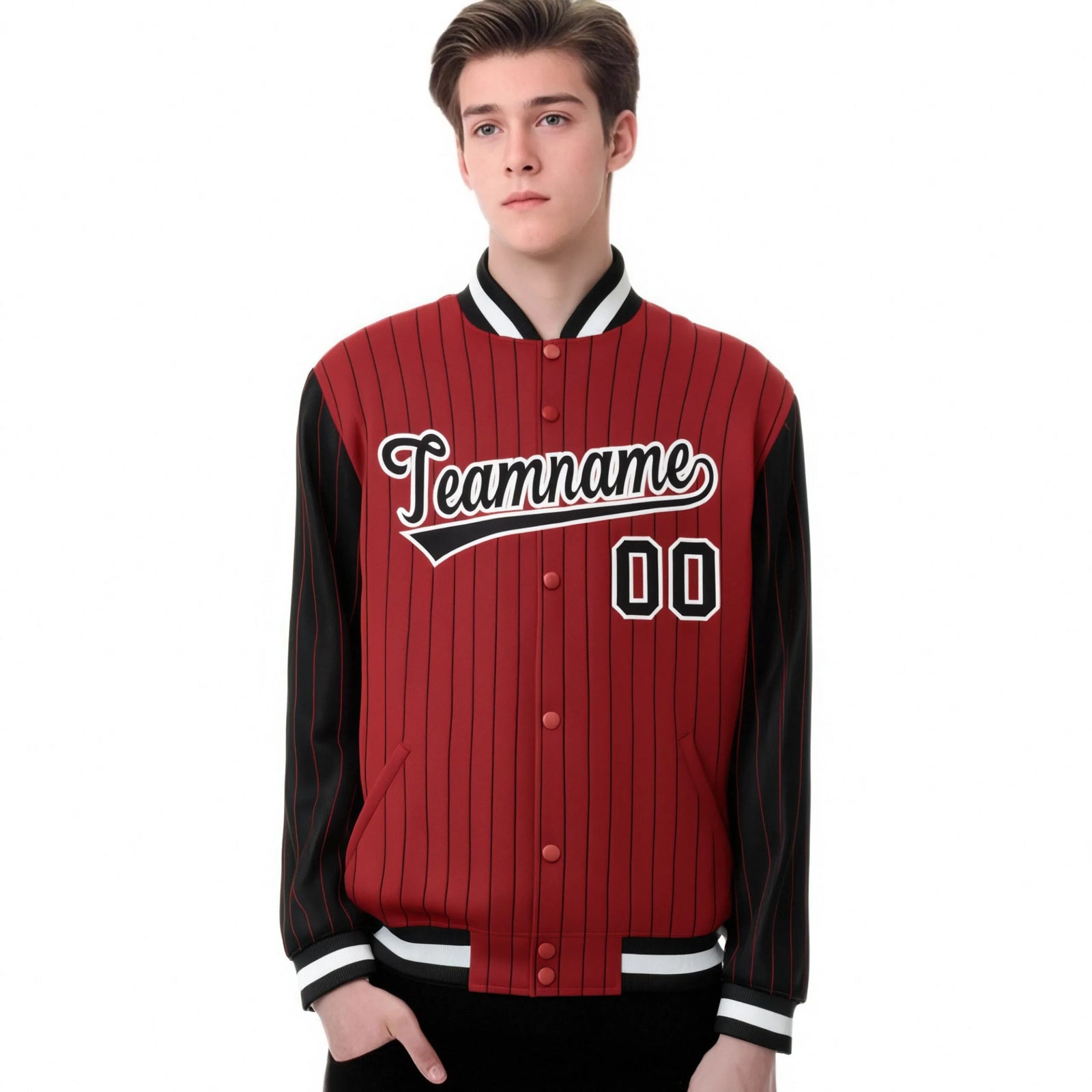 Custom Red Black Pinstripe White-Black Bomber Full-Snap Varsity Letterman Jacket