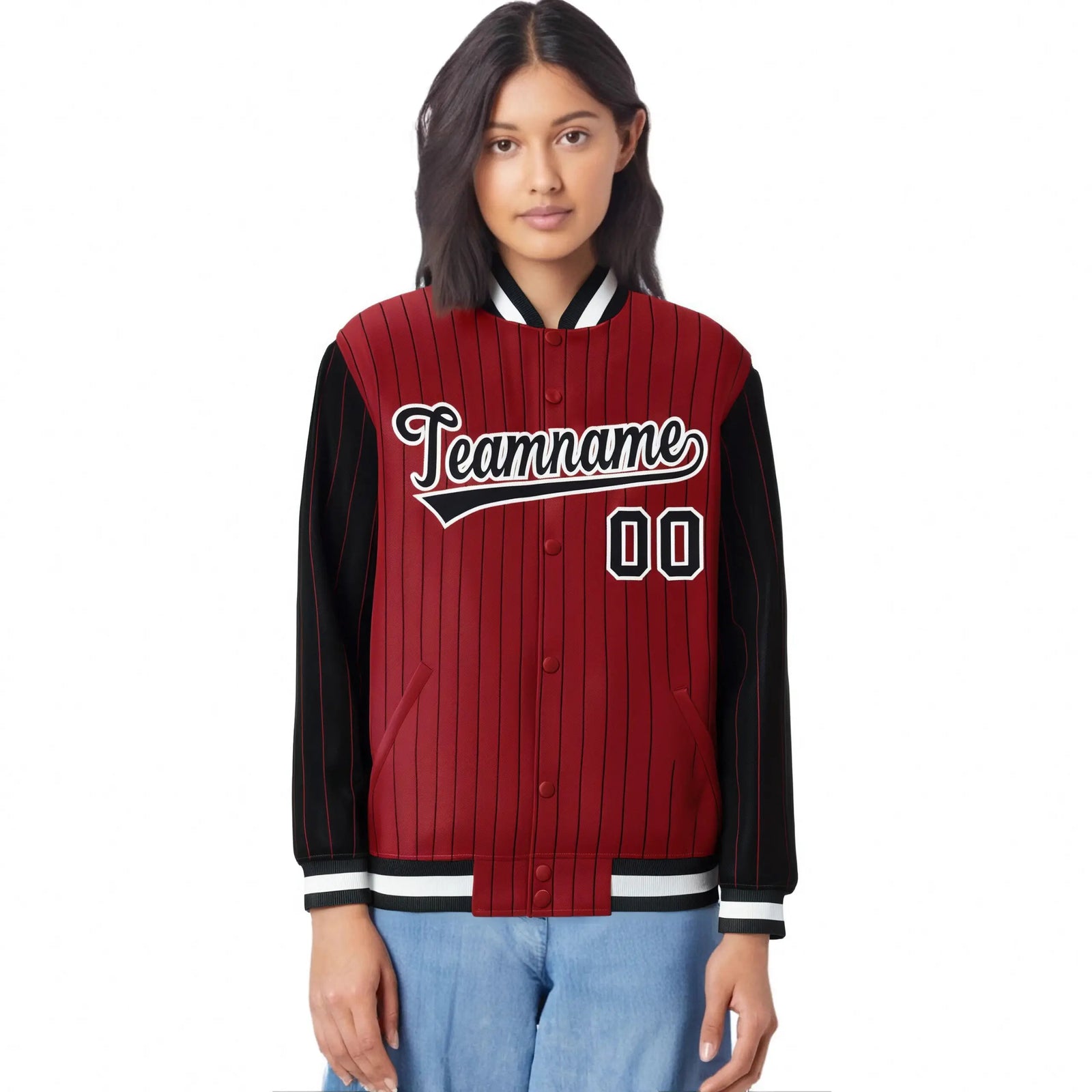 Custom Red Black Pinstripe White-Black Bomber Full-Snap Varsity Letterman Jacket