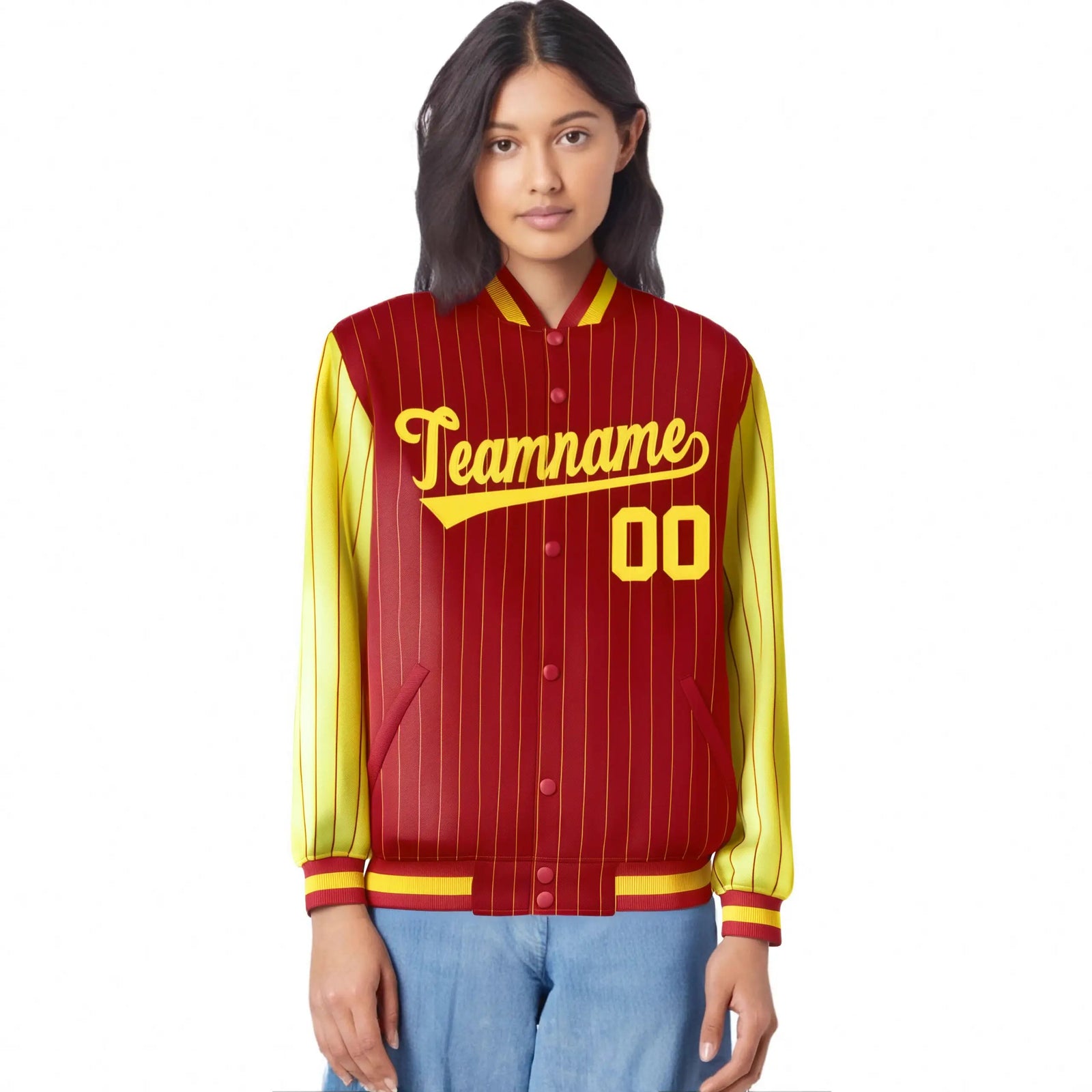 Custom Red Gold Pinstripe Gold Bomber Full-Snap Varsity Letterman Jacket
