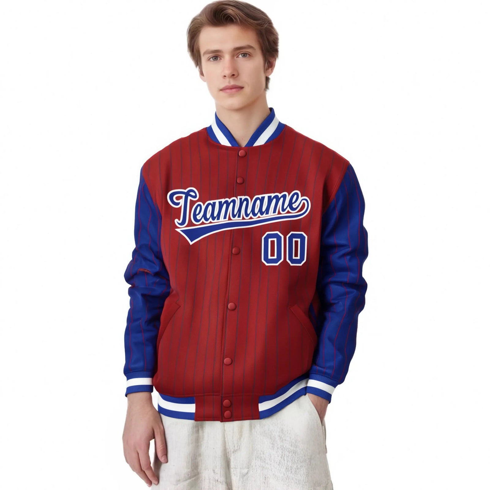 Custom Red Royal-Blue Pinstripe White Royal-Blue Bomber Full-Snap Varsity Letterman Jacket