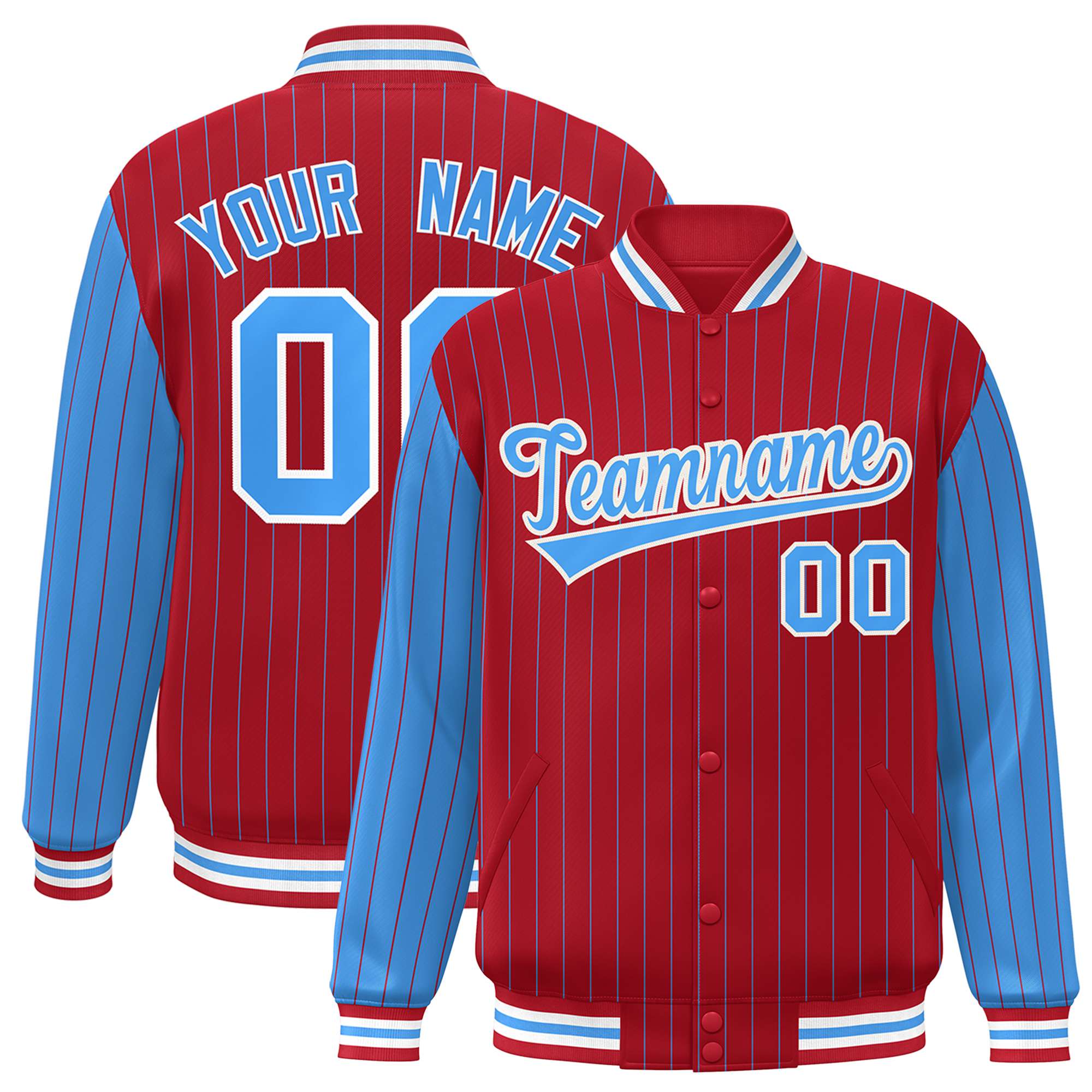 Custom Red Powder-Blue Pinstripe White Powder-Blue Bomber Full-Snap Varsity Letterman Jacket