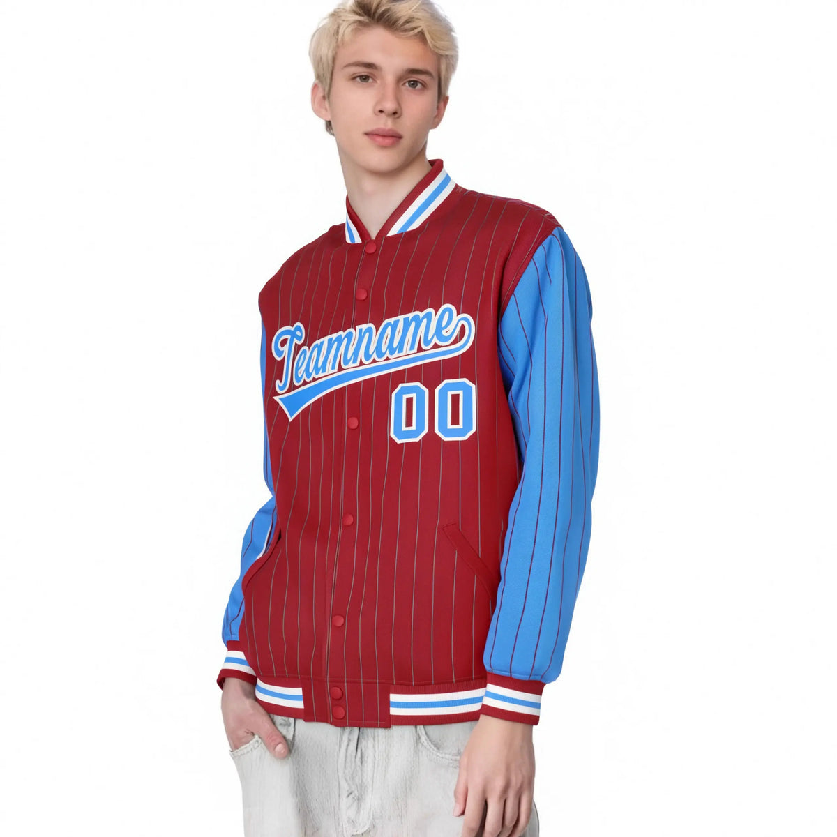 Custom Red Powder-Blue Pinstripe White Powder-Blue Bomber Full-Snap Varsity Letterman Jacket