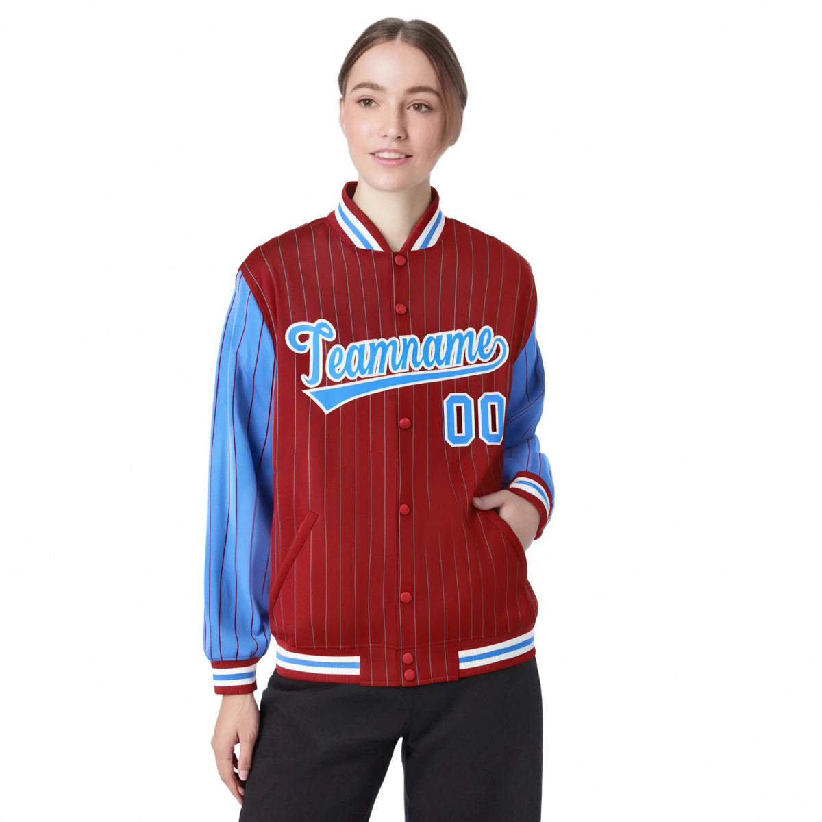 Custom Red Powder-Blue Pinstripe White Powder-Blue Bomber Full-Snap Varsity Letterman Jacket