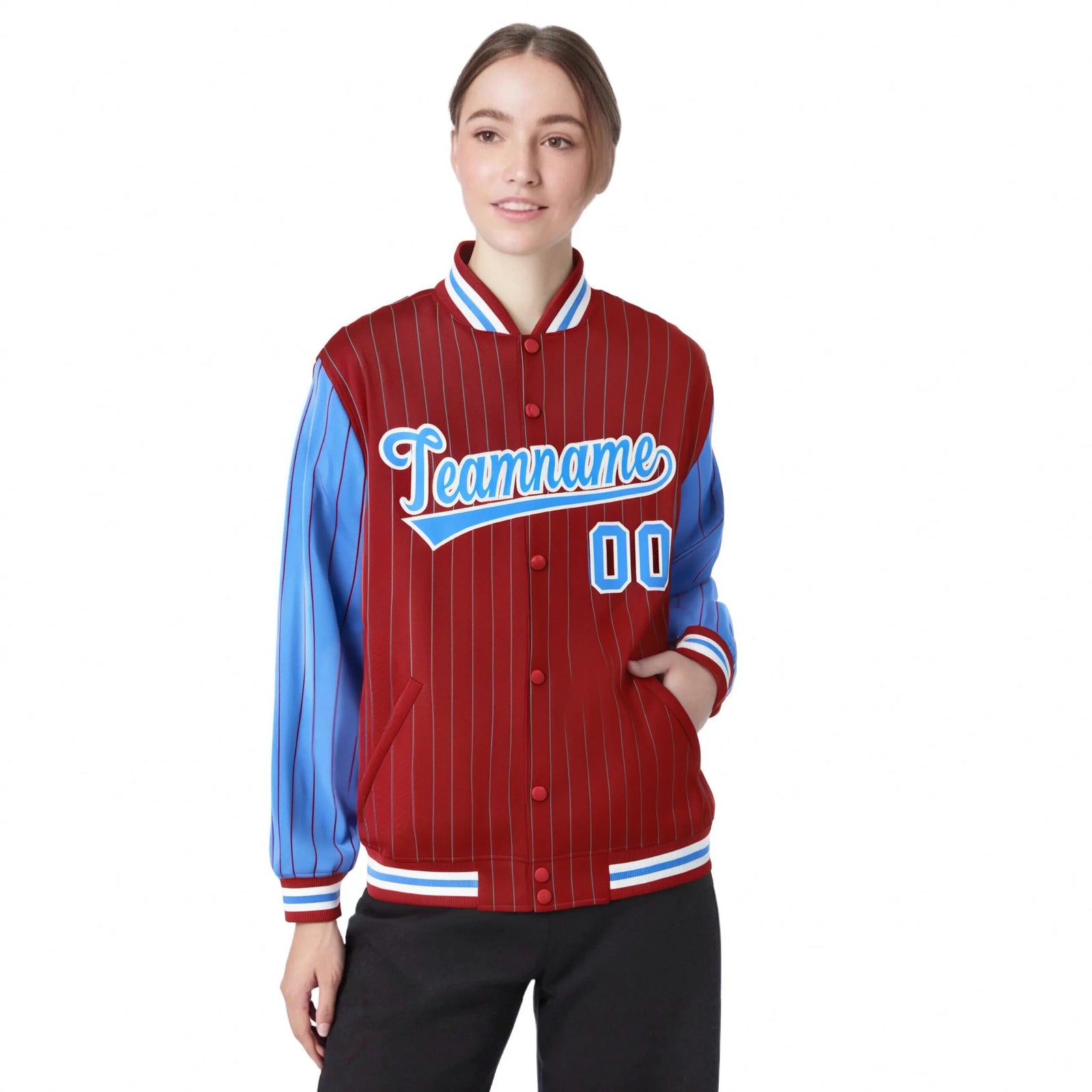 Custom Red Powder-Blue Pinstripe White Powder-Blue Bomber Full-Snap Varsity Letterman Jacket