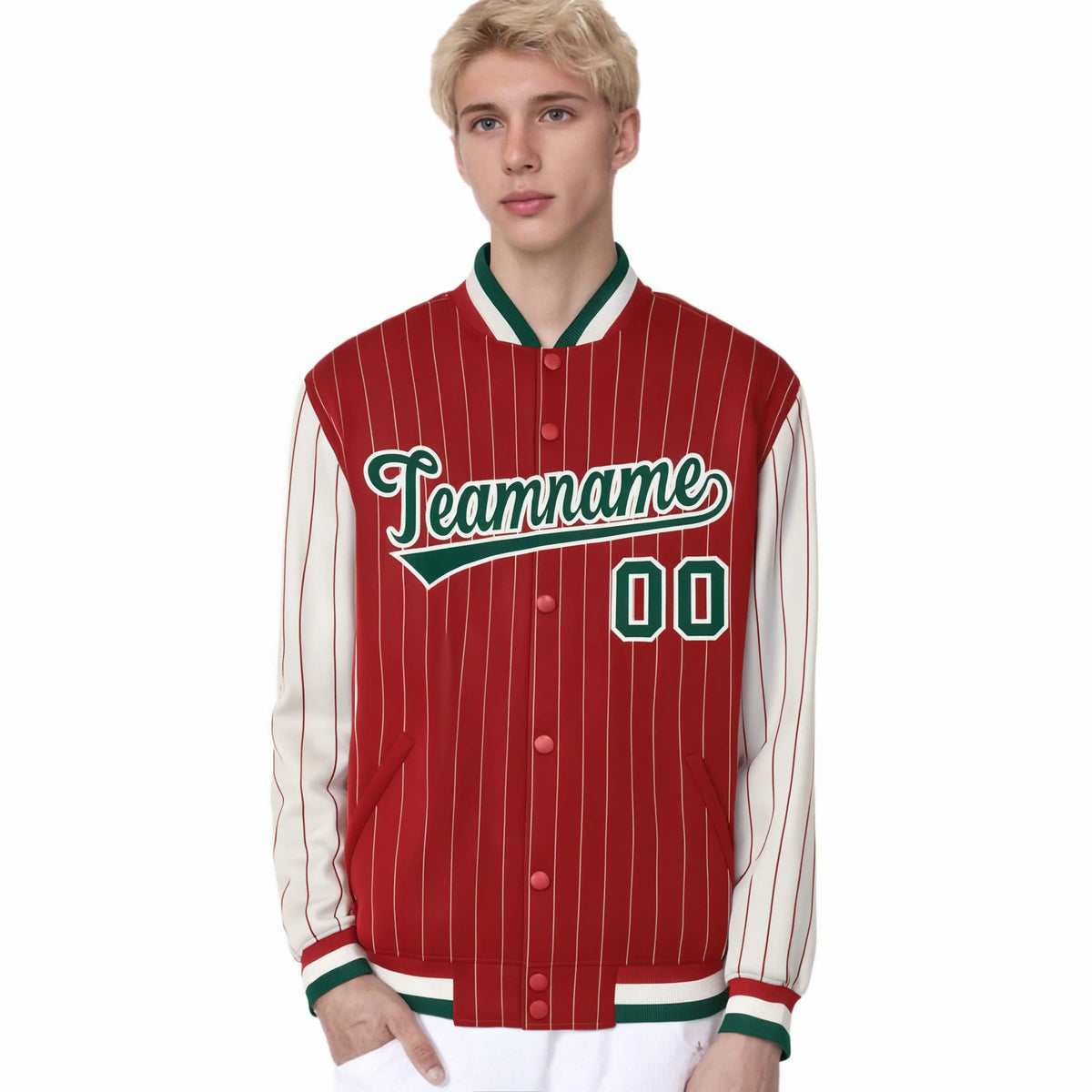 Custom Red Cream Pinstripe Cream-Green Bomber Full-Snap Varsity Letterman Jacket