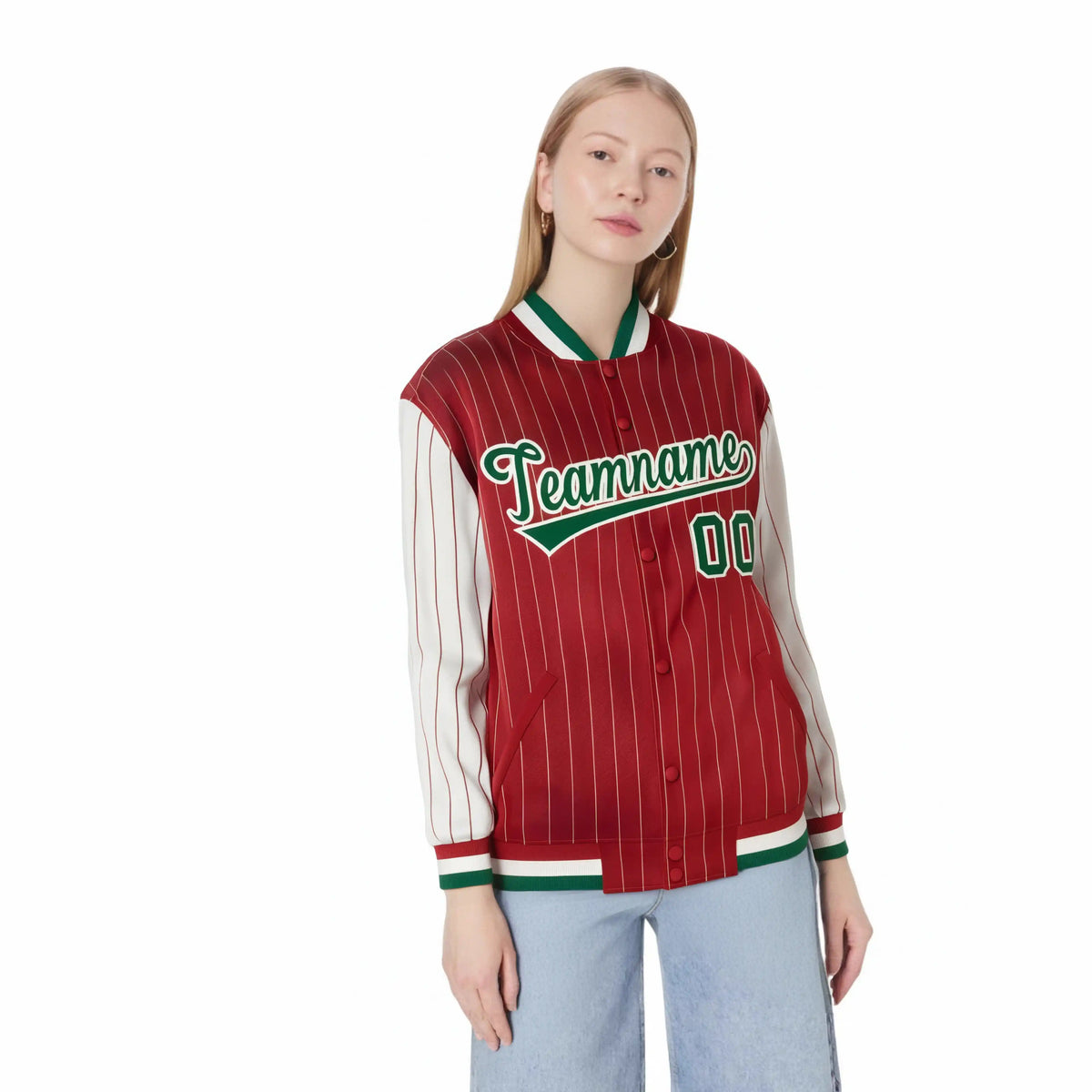 Custom Red Cream Pinstripe Cream-Green Bomber Full-Snap Varsity Letterman Jacket