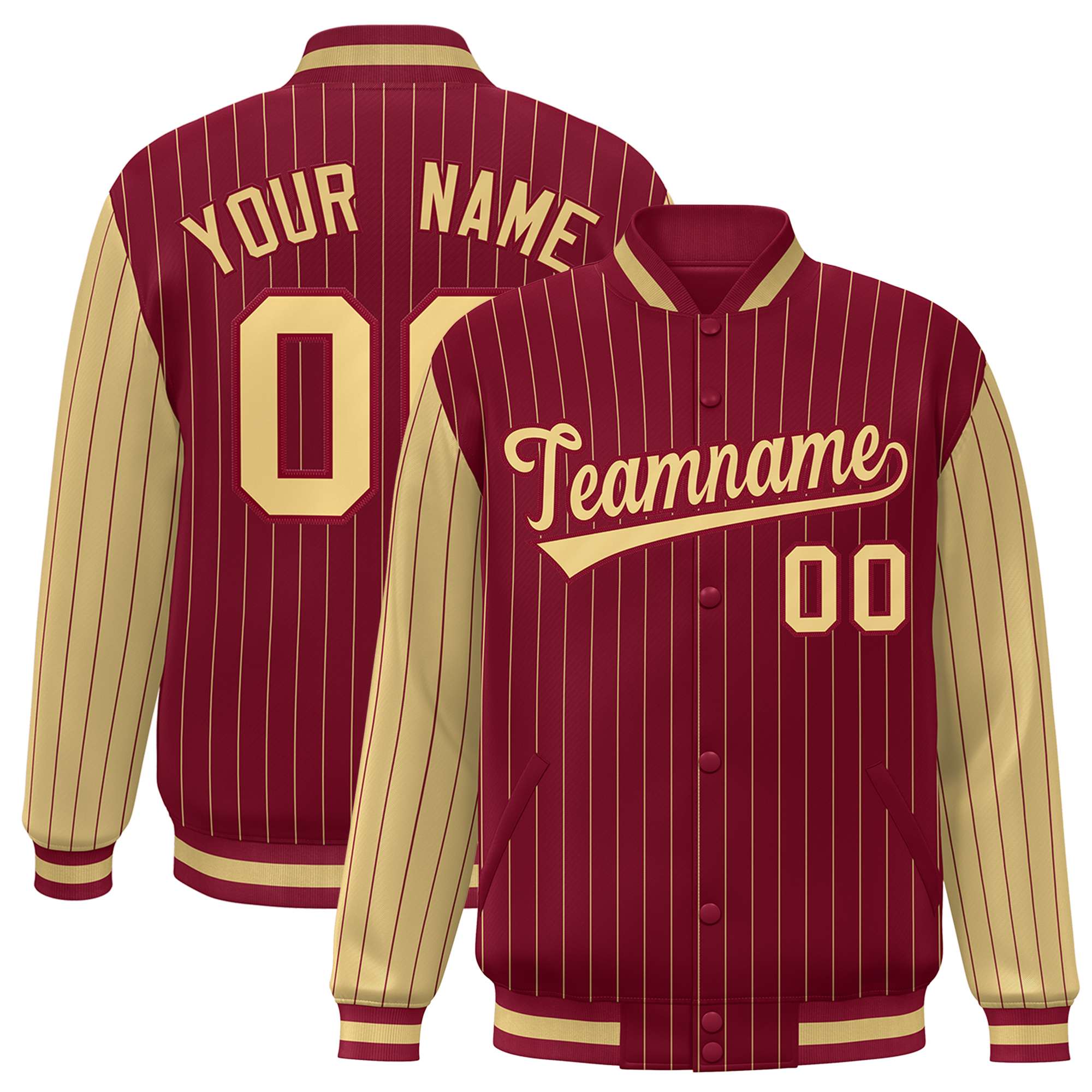 Custom Crimson Old-Gold Pinstripe Old-Gold Bomber Full-Snap Varsity Letterman Jacket