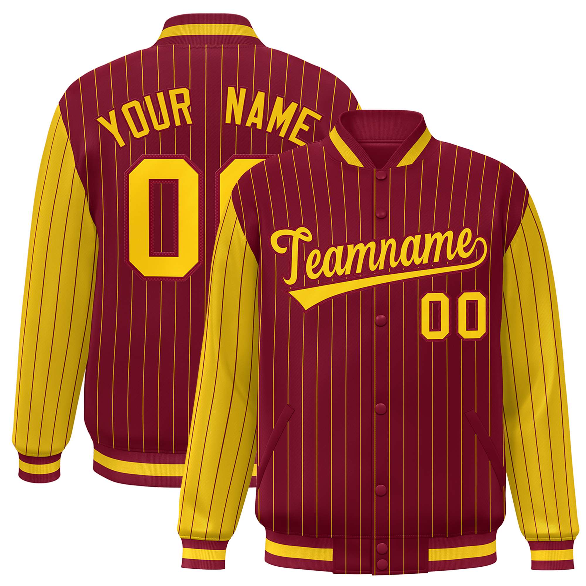 Custom Crimson Gold Pinstripe Gold Bomber Full-Snap Varsity Letterman Jacket