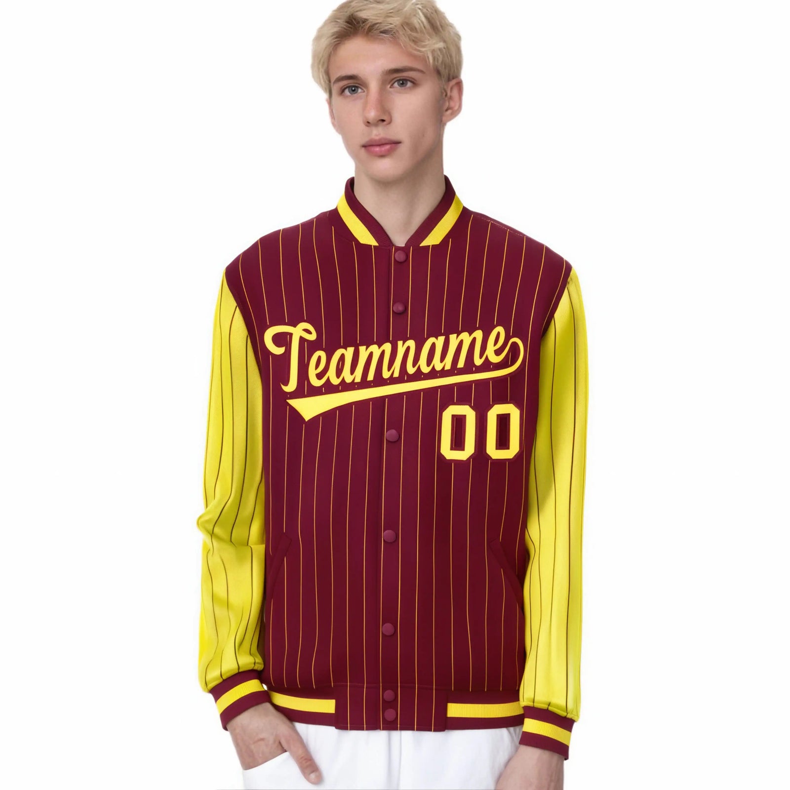 Custom Crimson Gold Pinstripe Gold Bomber Full-Snap Varsity Letterman Jacket