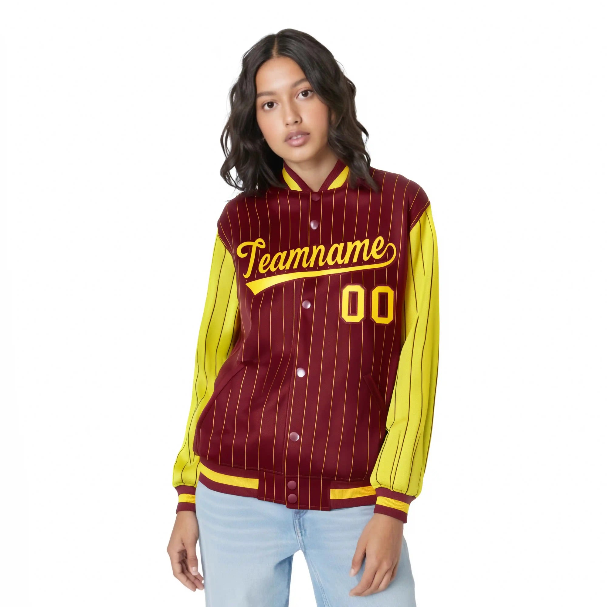 Custom Crimson Gold Pinstripe Gold Bomber Full-Snap Varsity Letterman Jacket