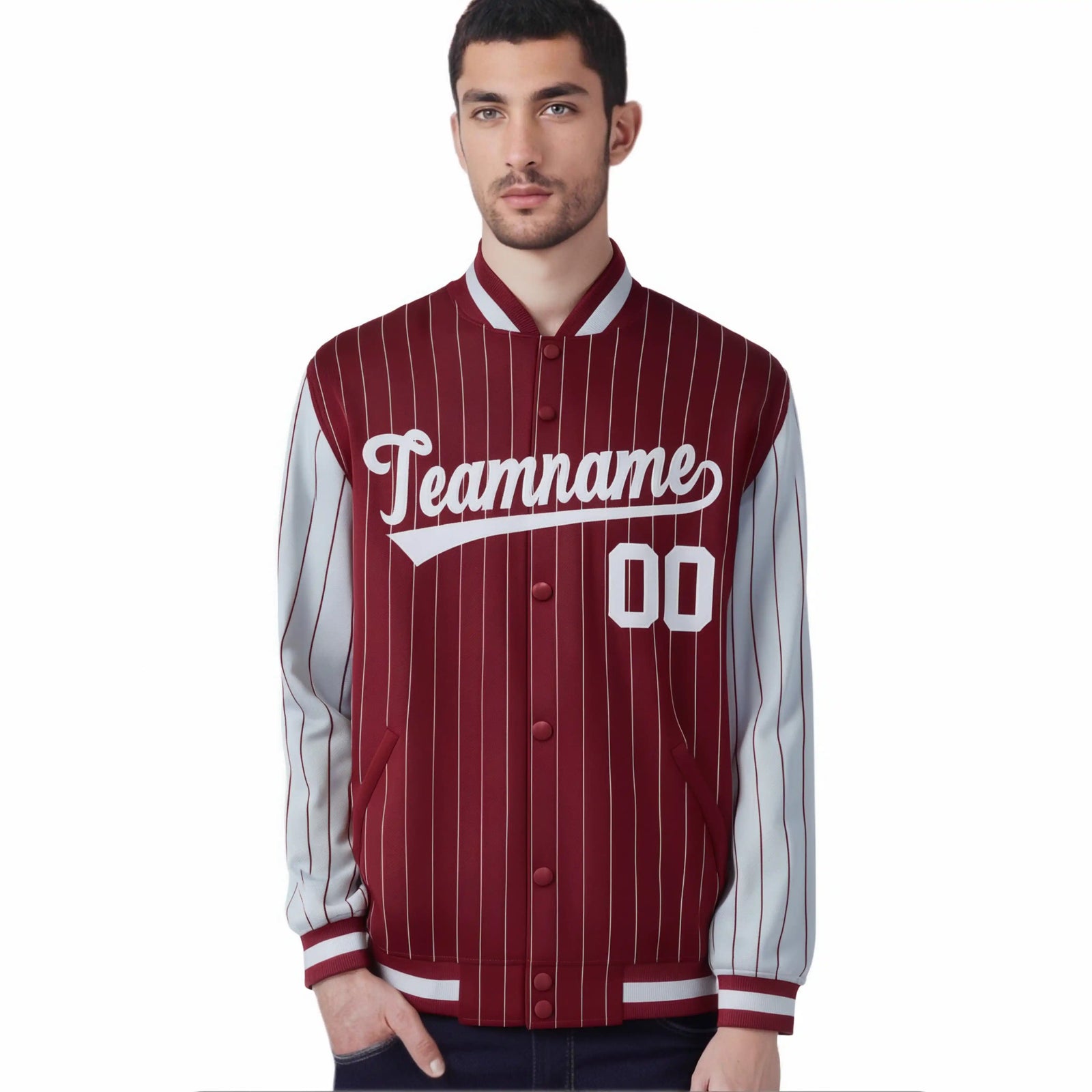 Custom Crimson Gray Pinstripe Gray Bomber Full-Snap Varsity Letterman Jacket